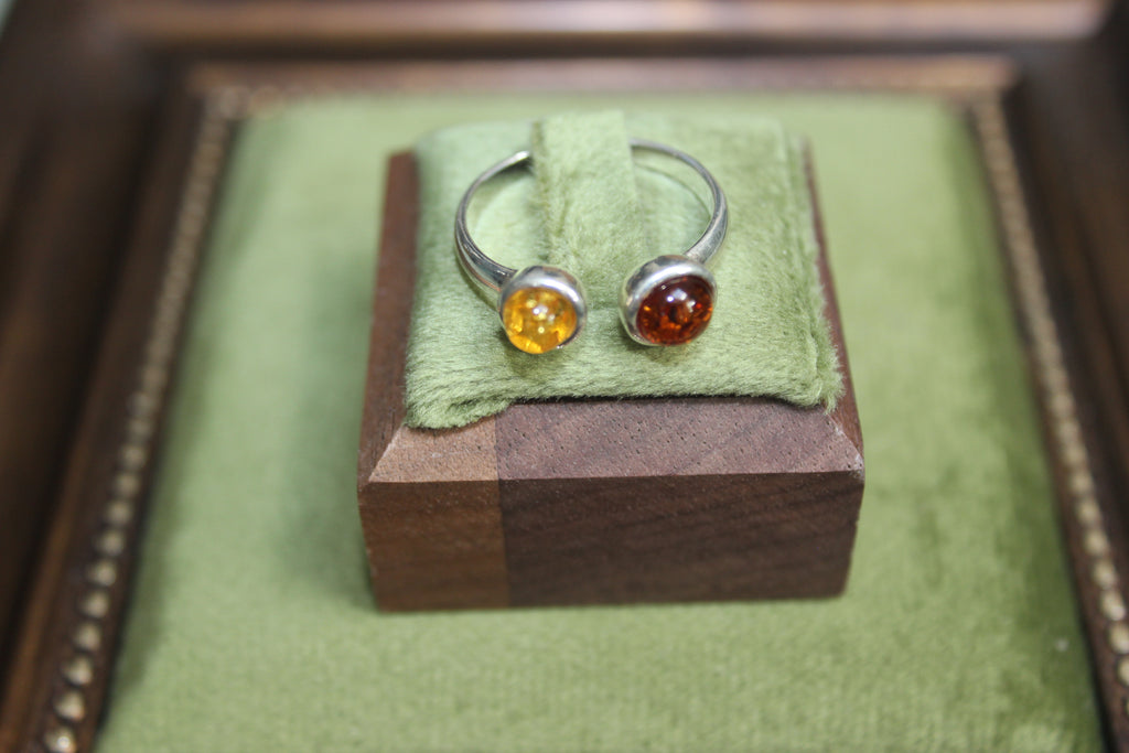 Silver Ring with Two-Tone Amber Balls