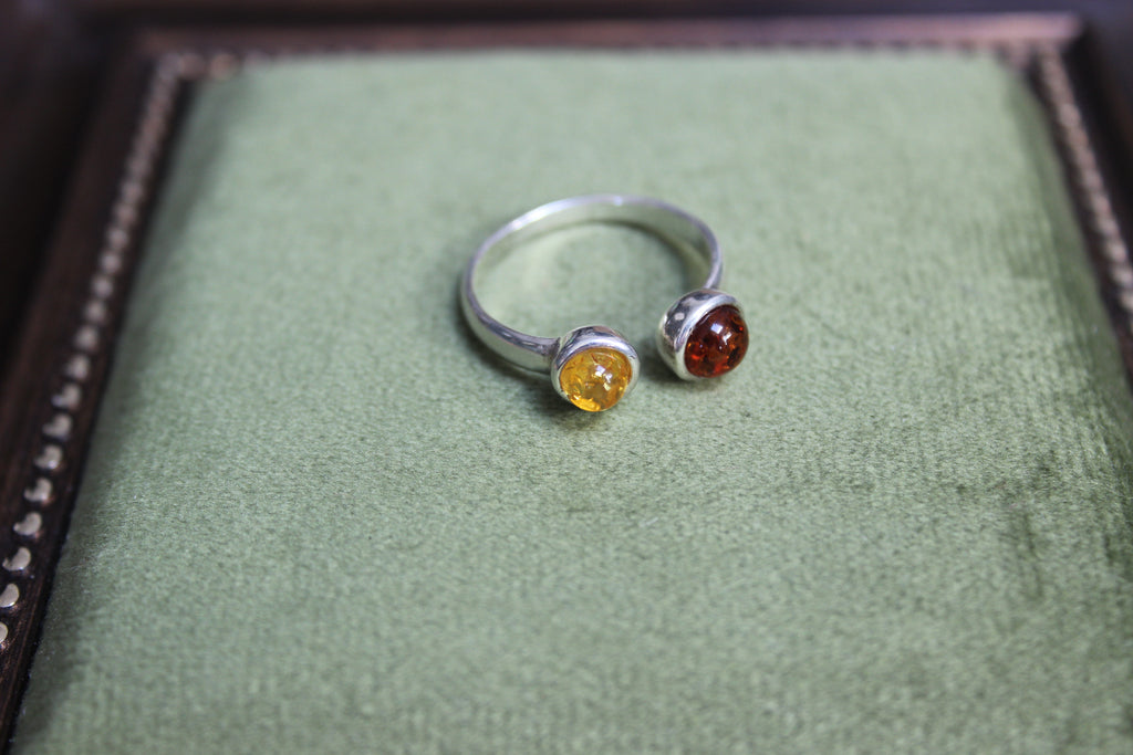 Silver Ring with Two-Tone Amber Balls