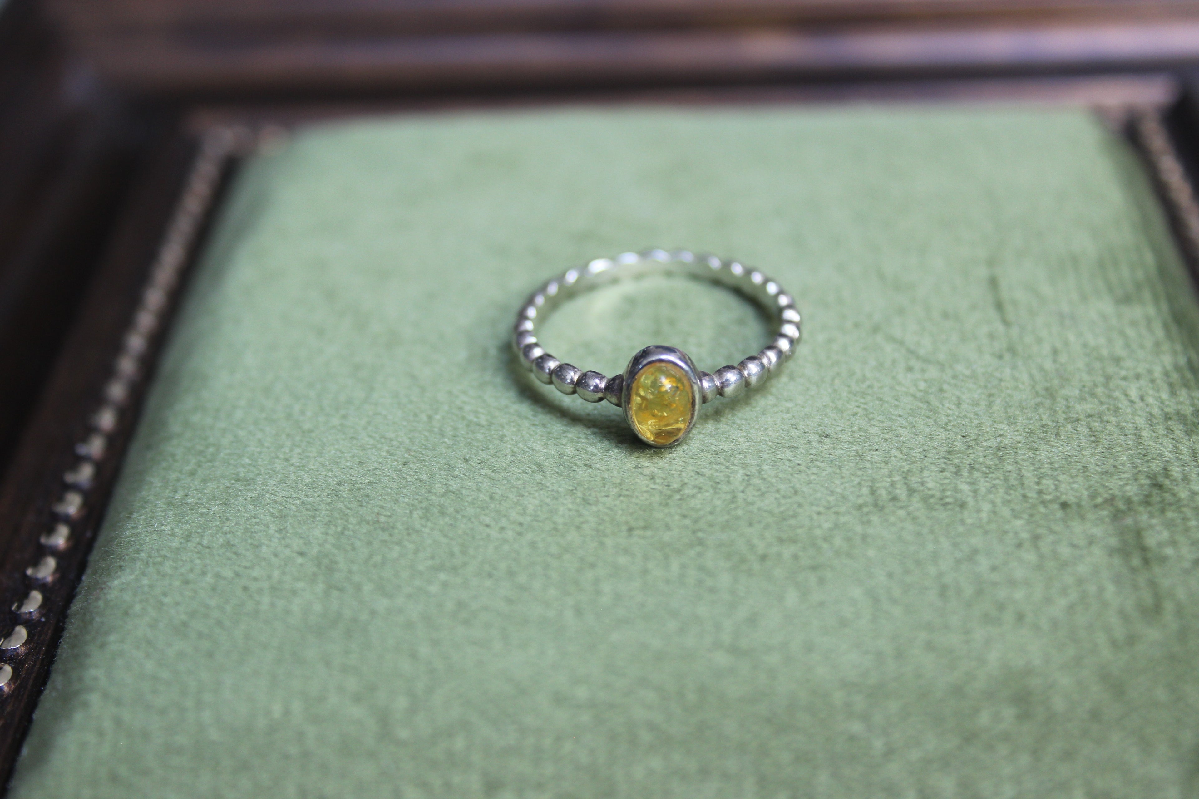 Light Amber Stone Silver Ring with Ball Band