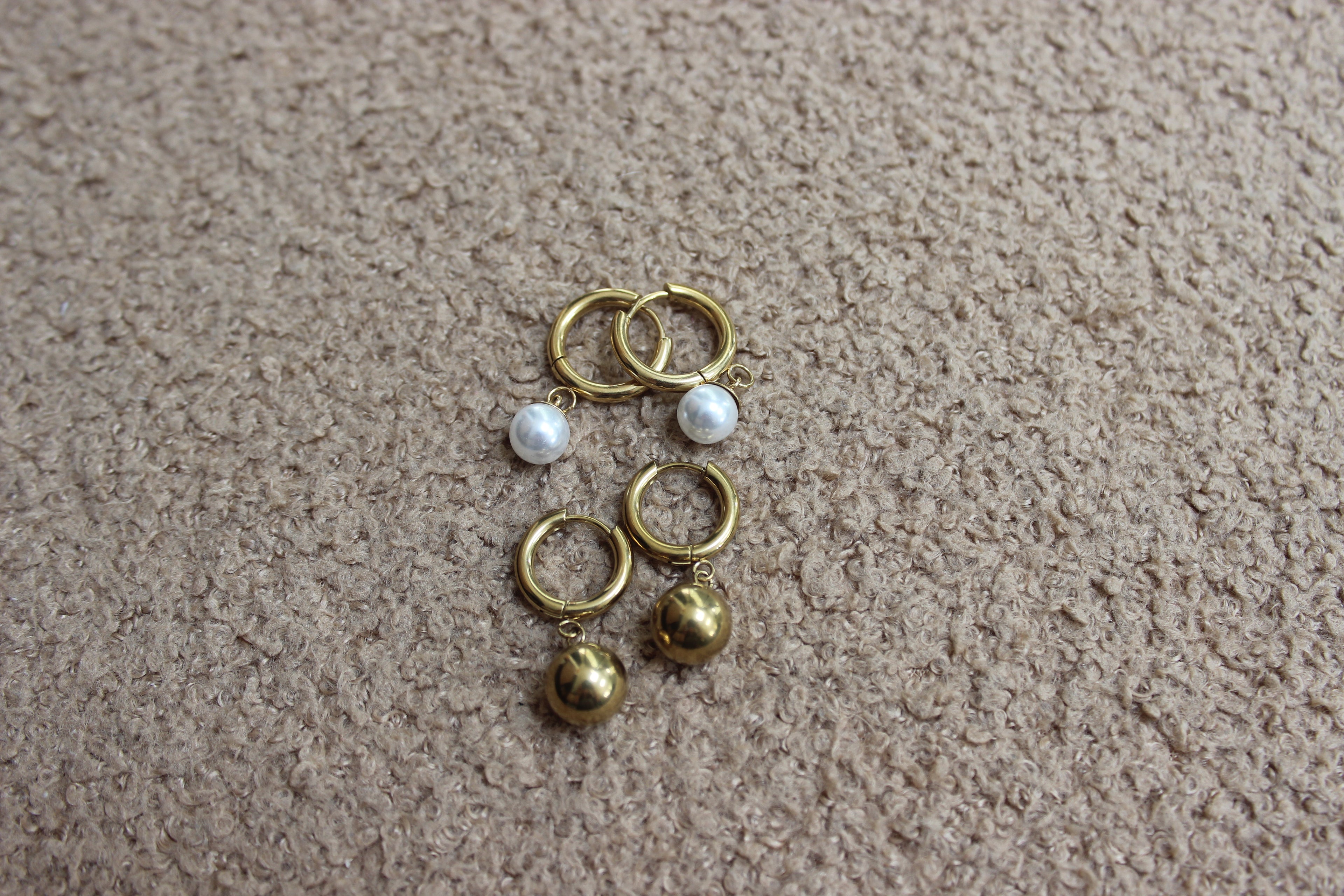Gold Hoop Earrings with Pearl Ball Accents