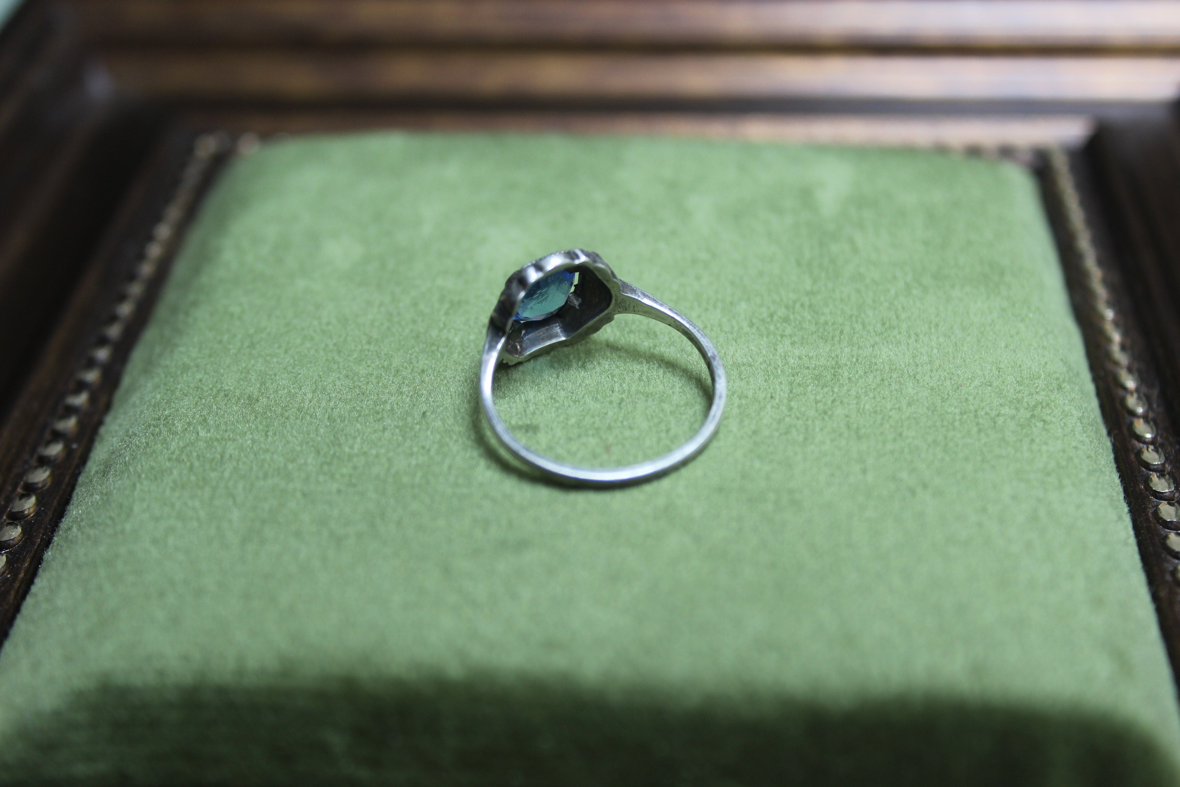 Vintage Sterling Silver Marcasite Ring with Blue Stone