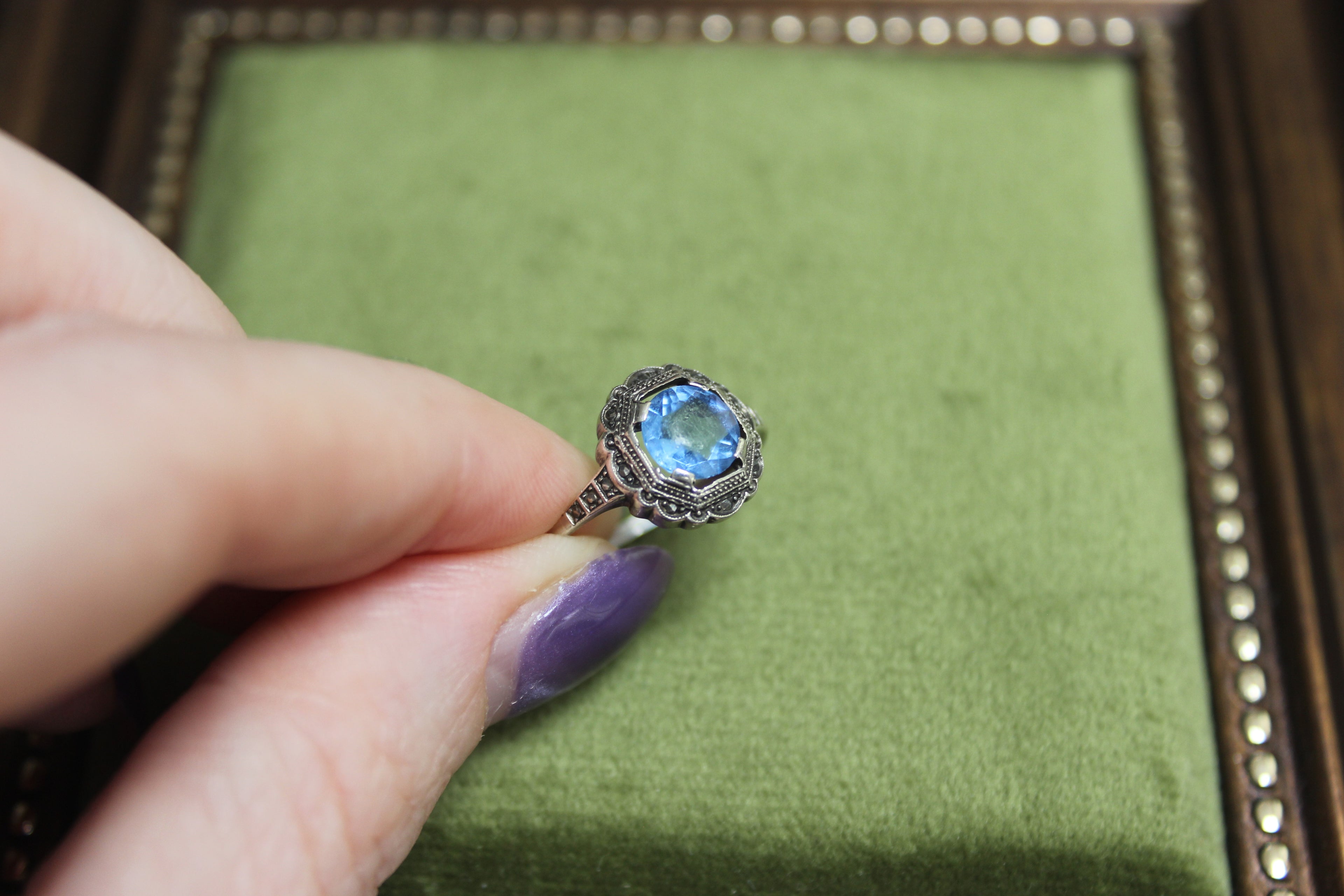 Vintage Sterling Silver Marcasite Ring with Blue Stone