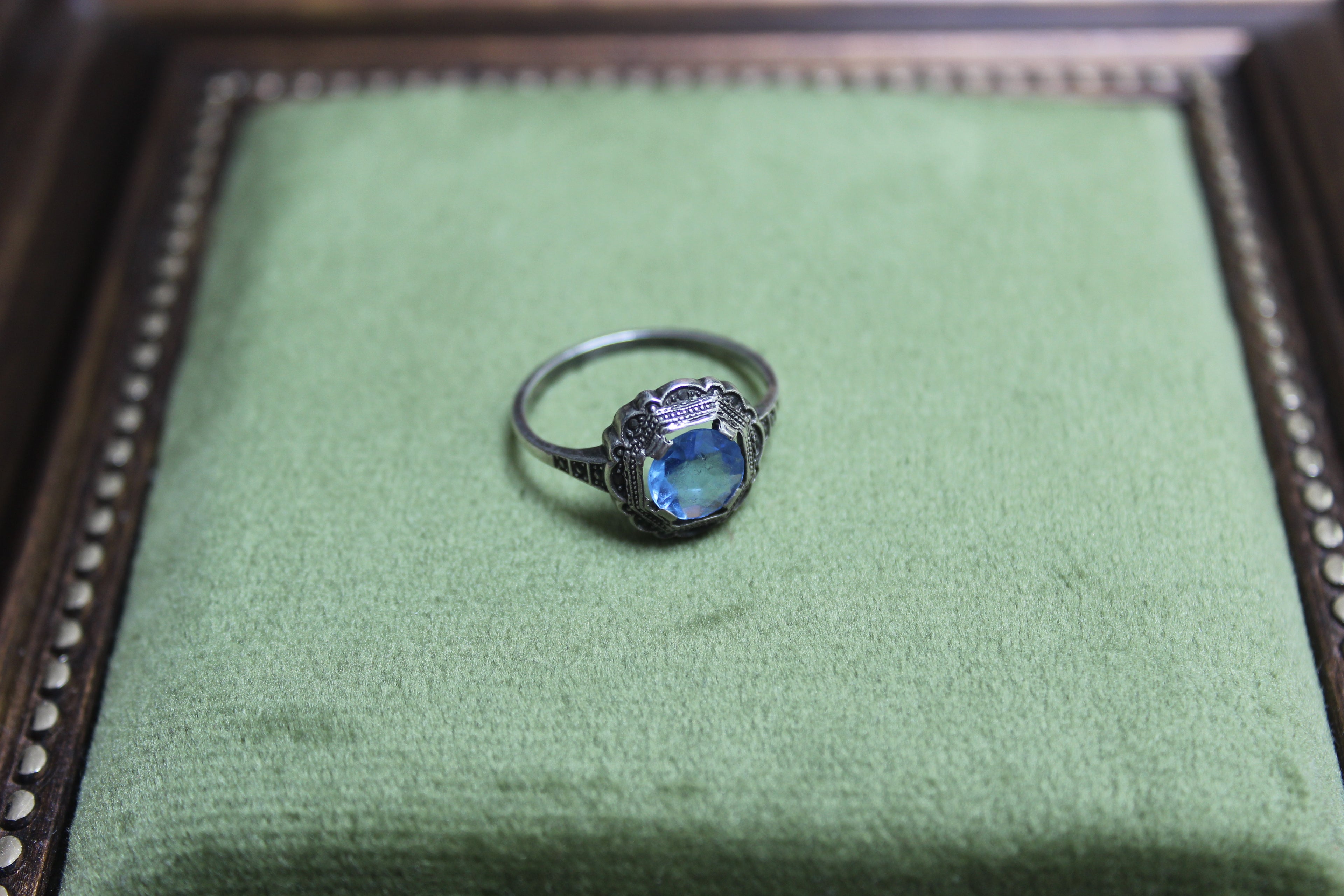 Vintage Sterling Silver Marcasite Ring with Blue Stone