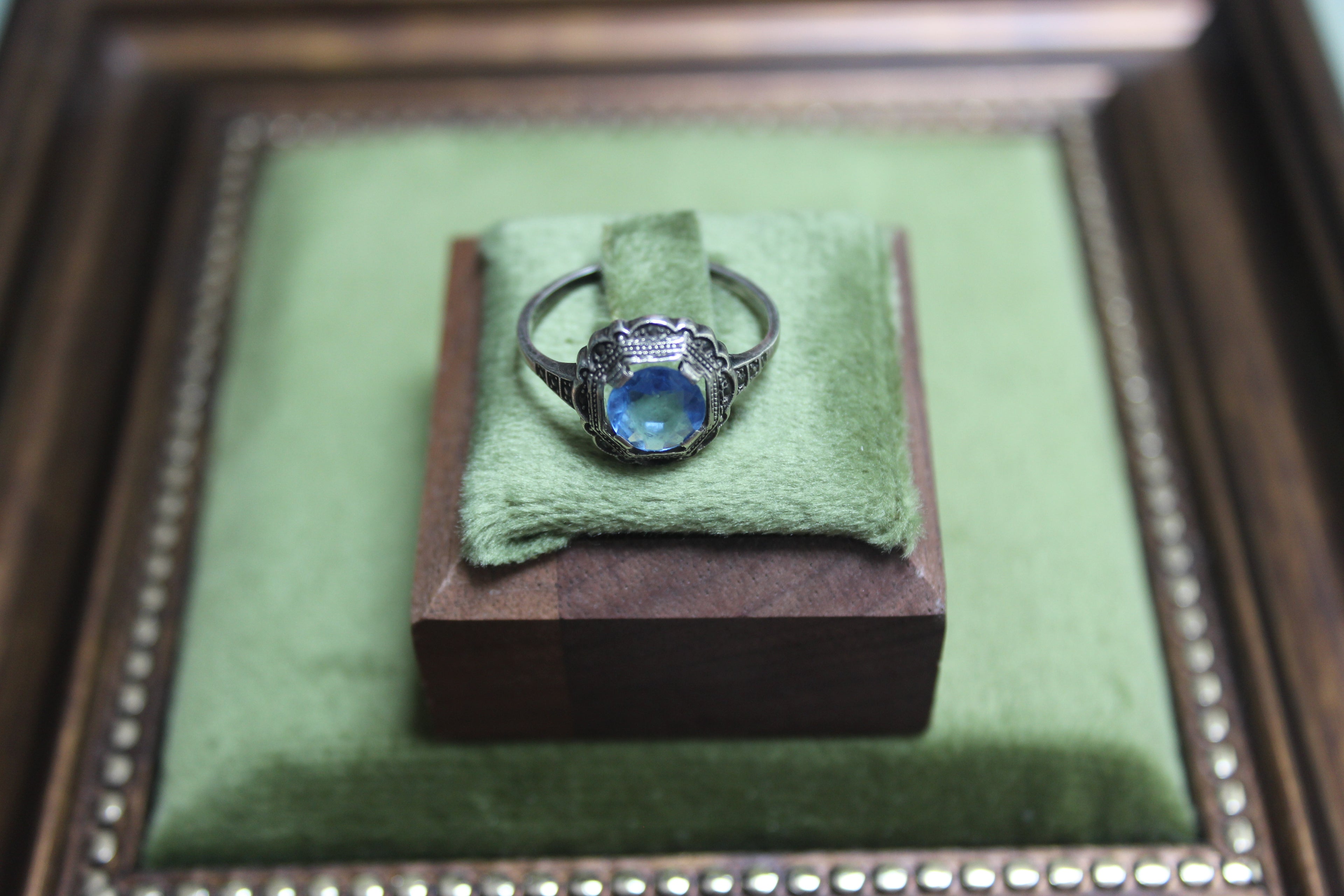 Vintage Sterling Silver Marcasite Ring with Blue Stone
