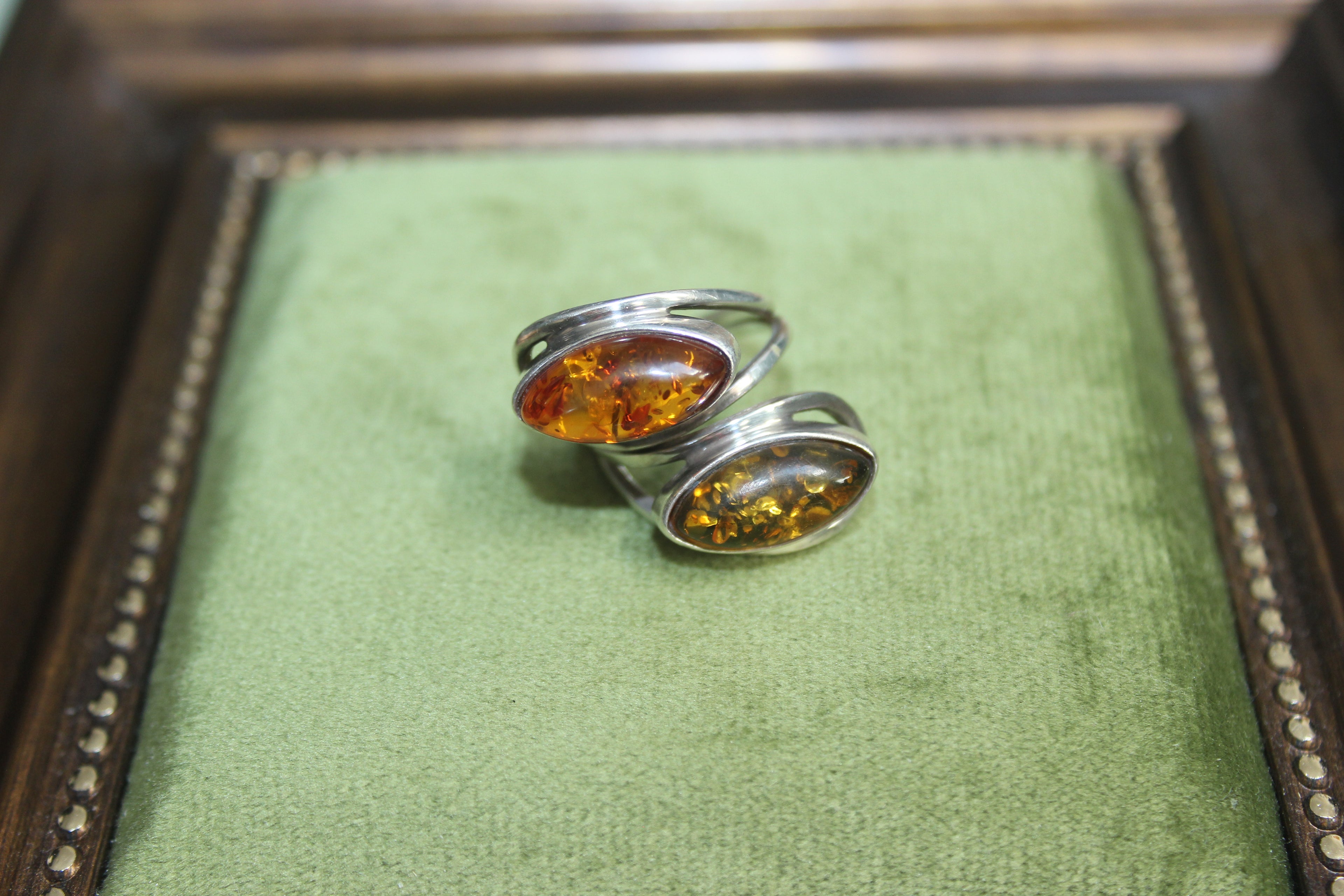Silver Statement Two-Tone Amber Ring