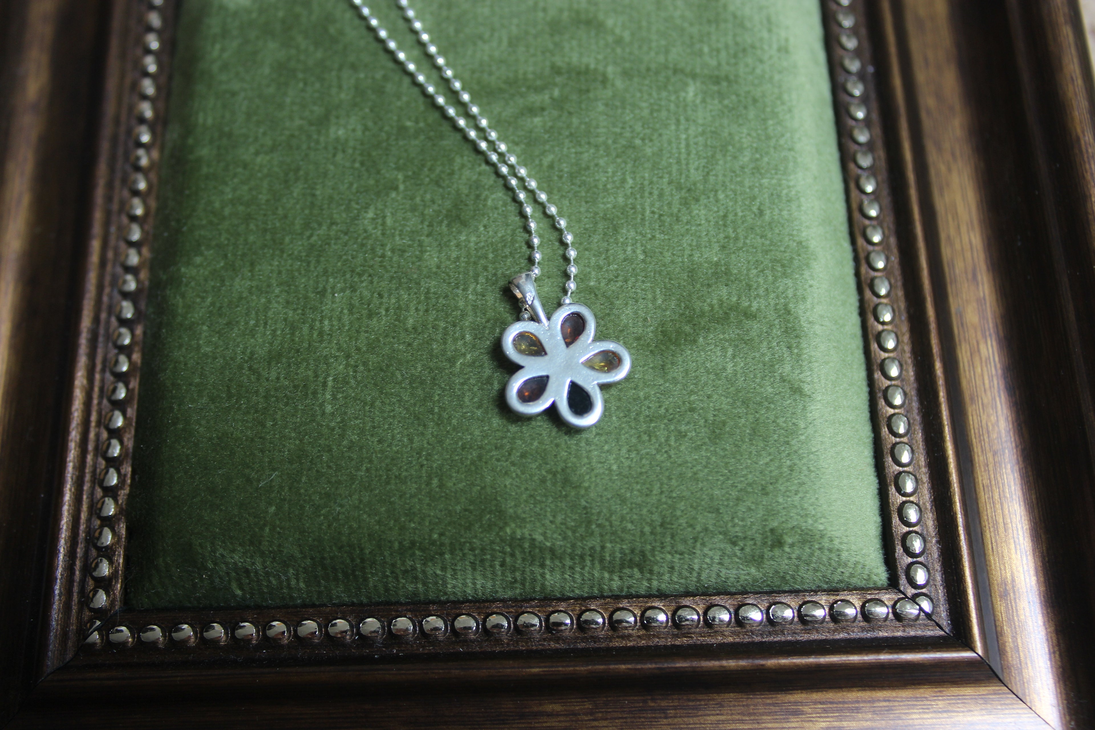 Flower Shaped Amber Pendant Sterling Silver Necklace