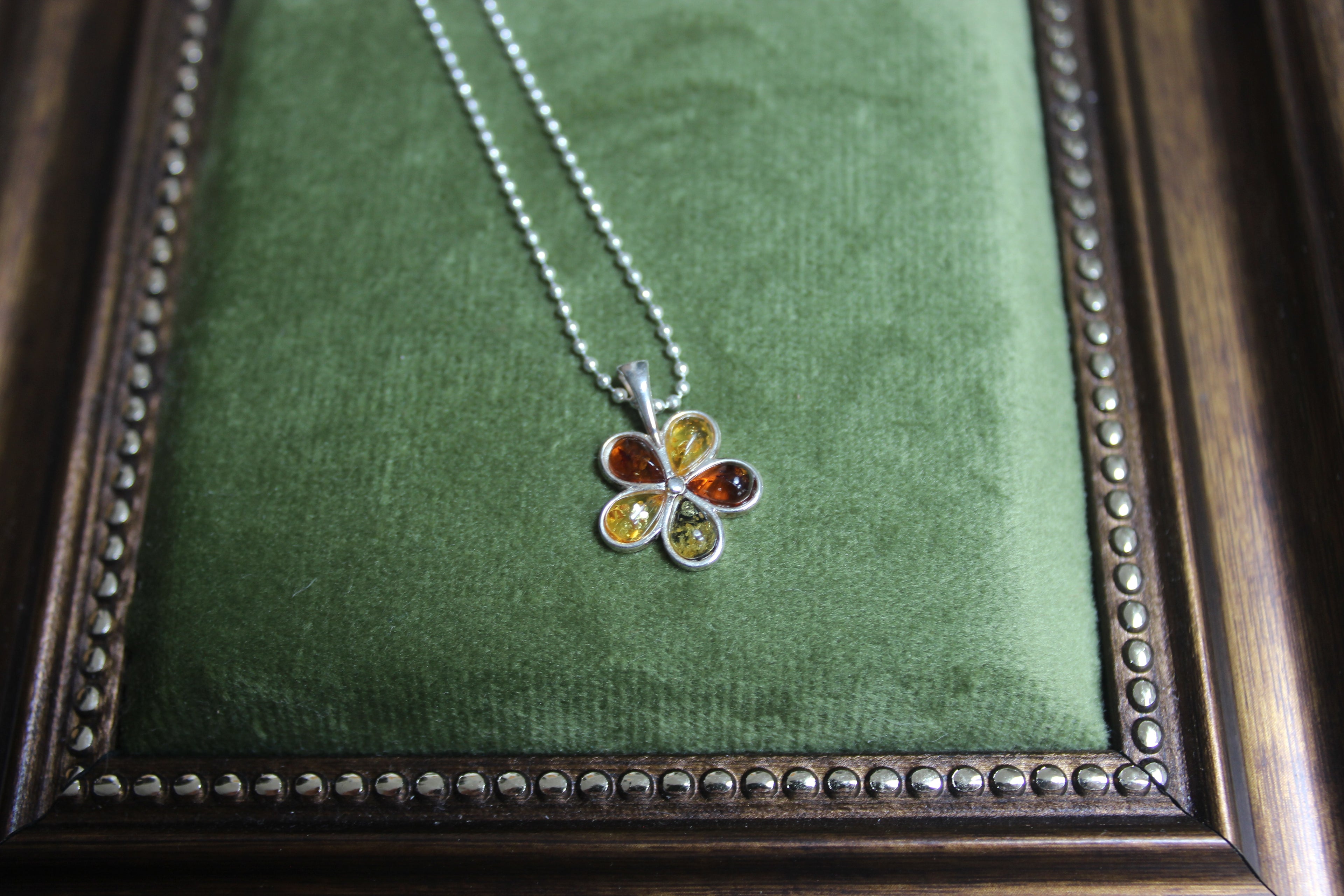 Flower Shaped Amber Pendant Sterling Silver Necklace