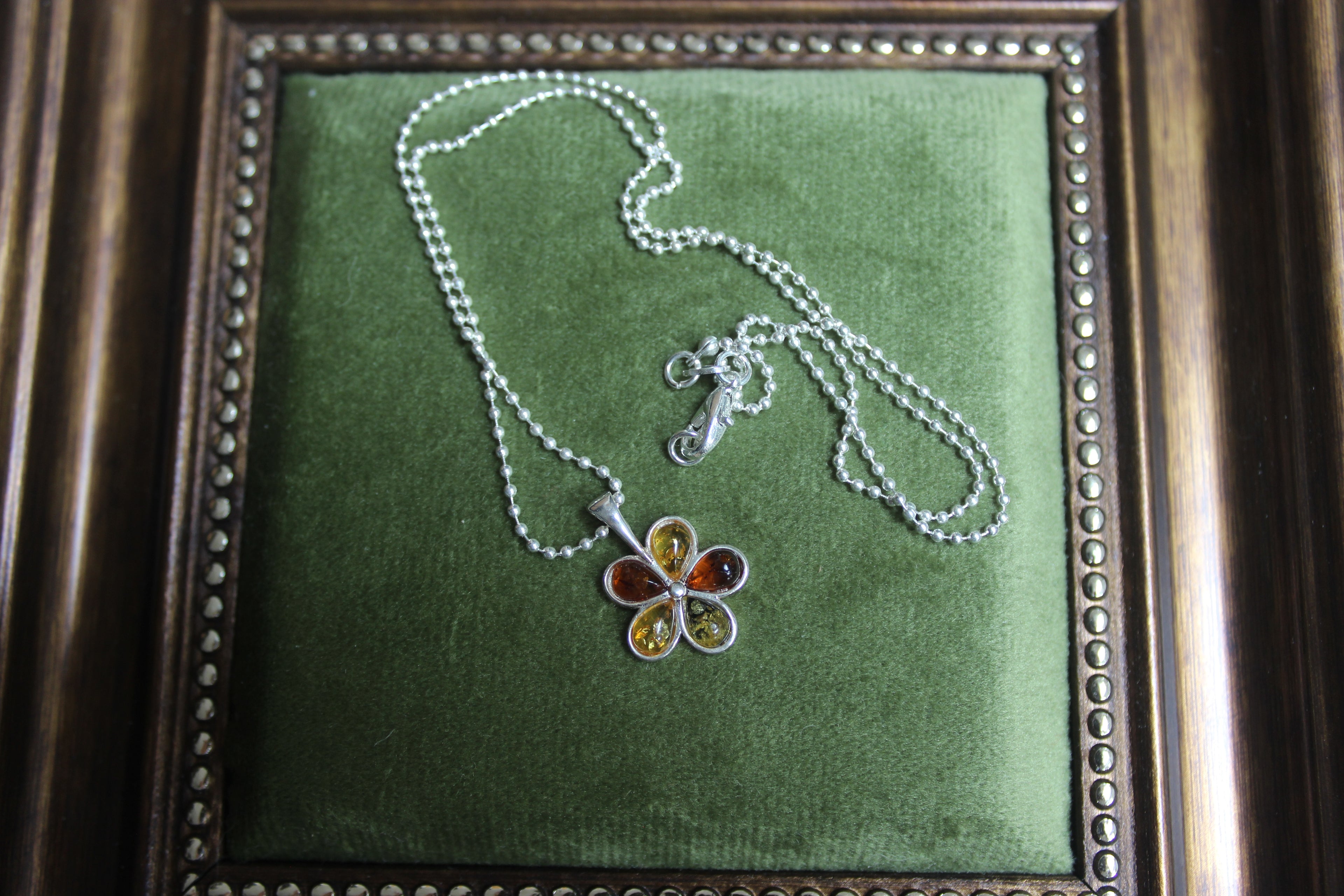 Flower Shaped Amber Pendant Sterling Silver Necklace