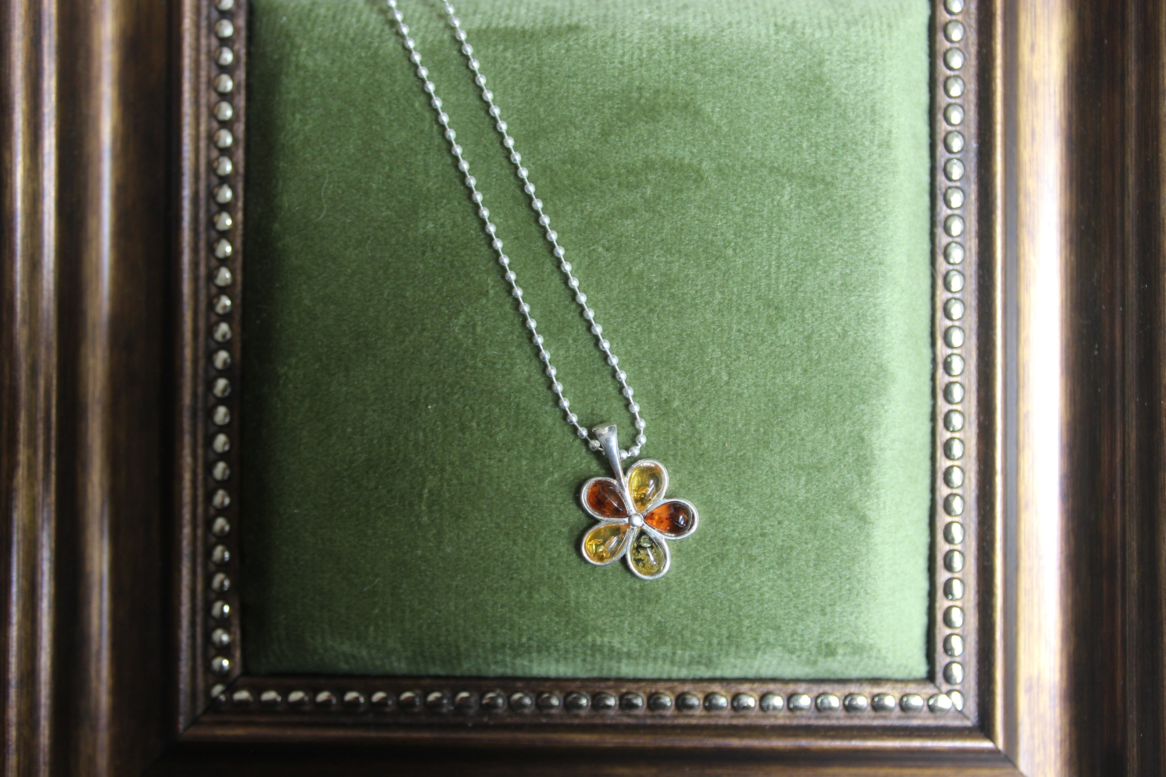 Flower Shaped Amber Pendant Sterling Silver Necklace