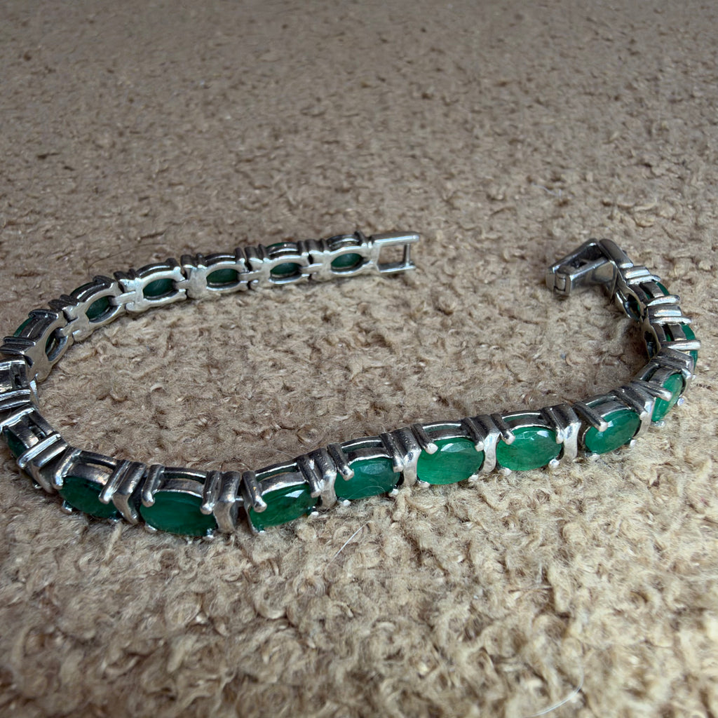 Vintage Sterling Silver Green Onyx Tennis Bracelet