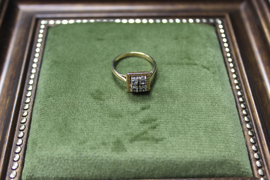 Vintage 9ct Yellow Gold Four Stone CZ Ring with Sunburst Edge | Circa 1967