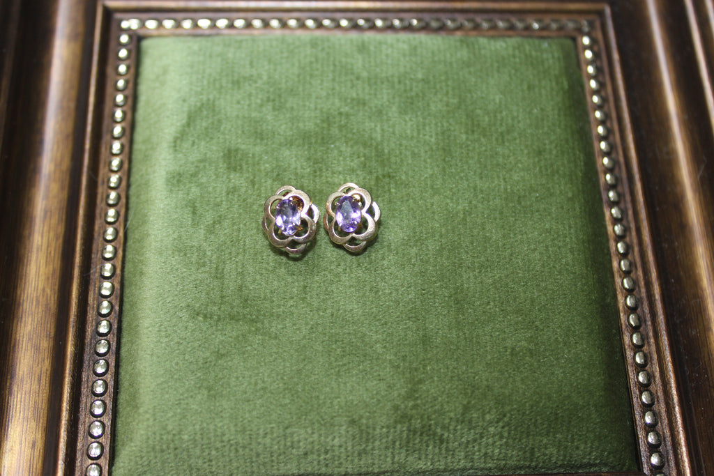 Vintage 9ct Yellow Gold Amethyst Stud Earrings with Filigree Detail