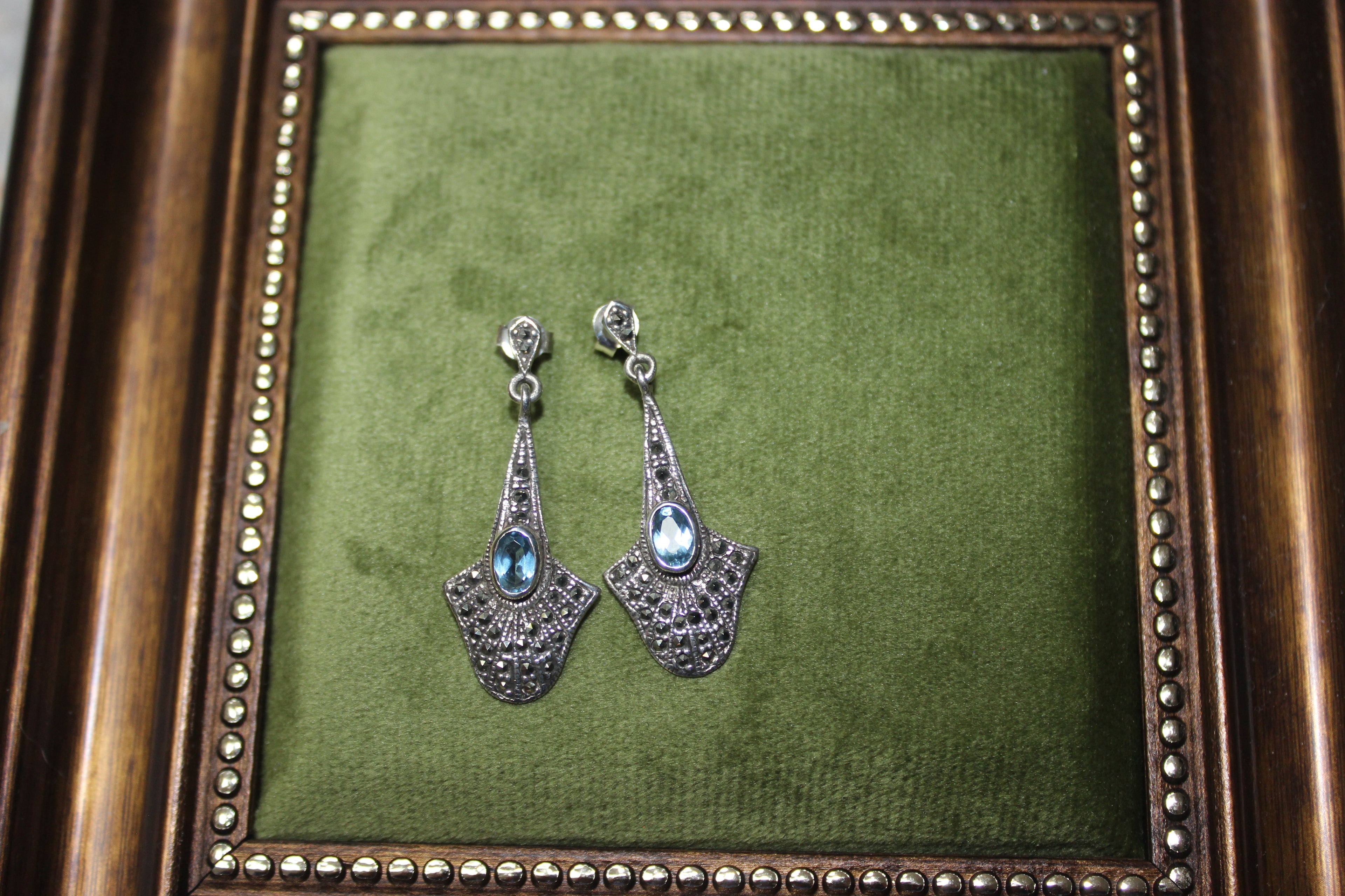 Vintage Sterling Silver Drop Earrings with Blue Stone