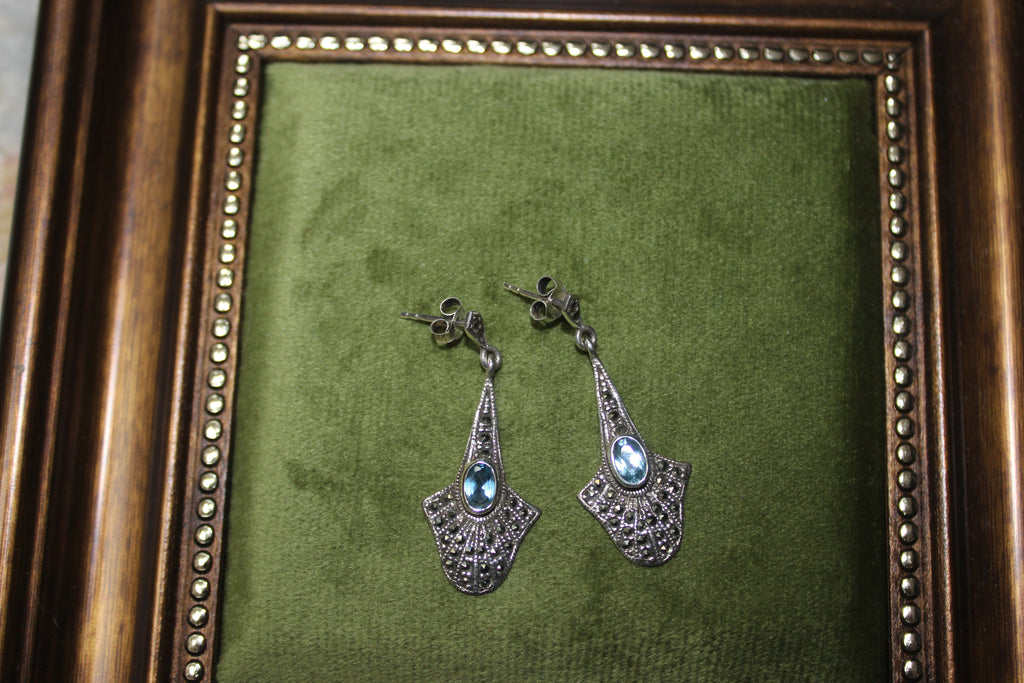 Vintage Sterling Silver Drop Earrings with Blue Stone