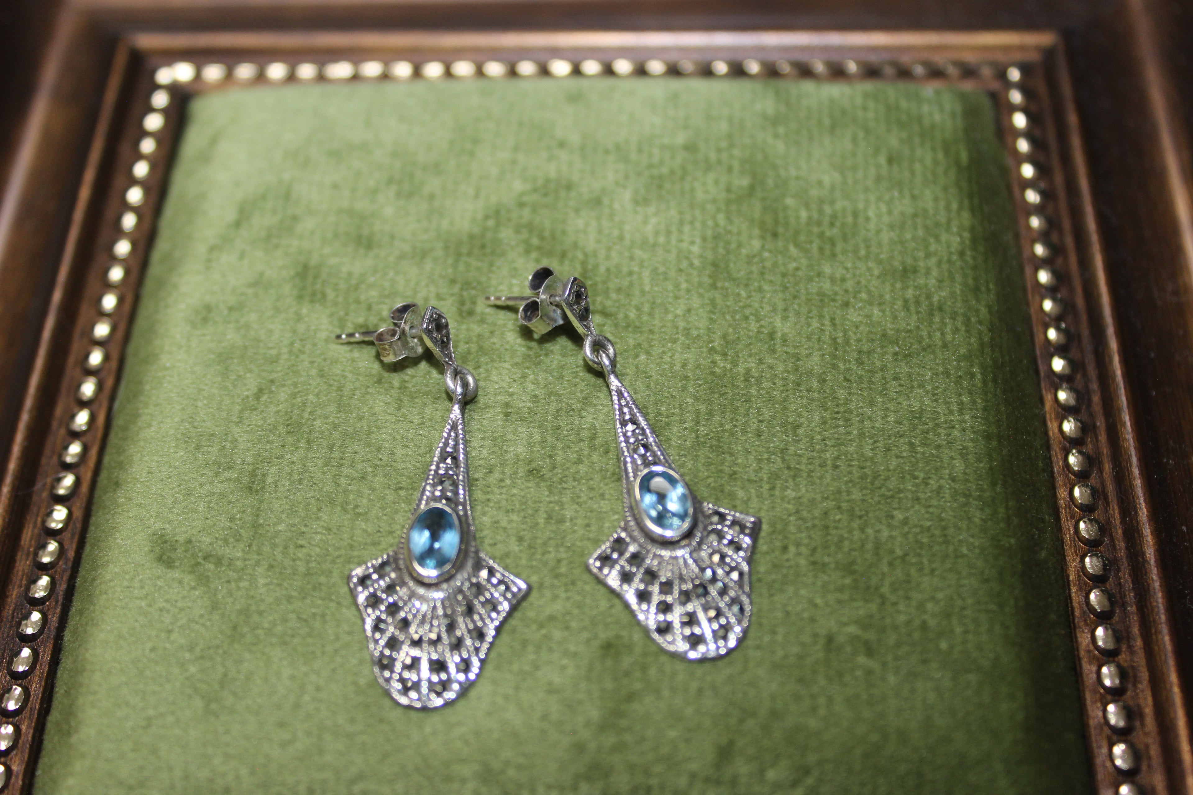 Vintage Sterling Silver Drop Earrings with Blue Stone