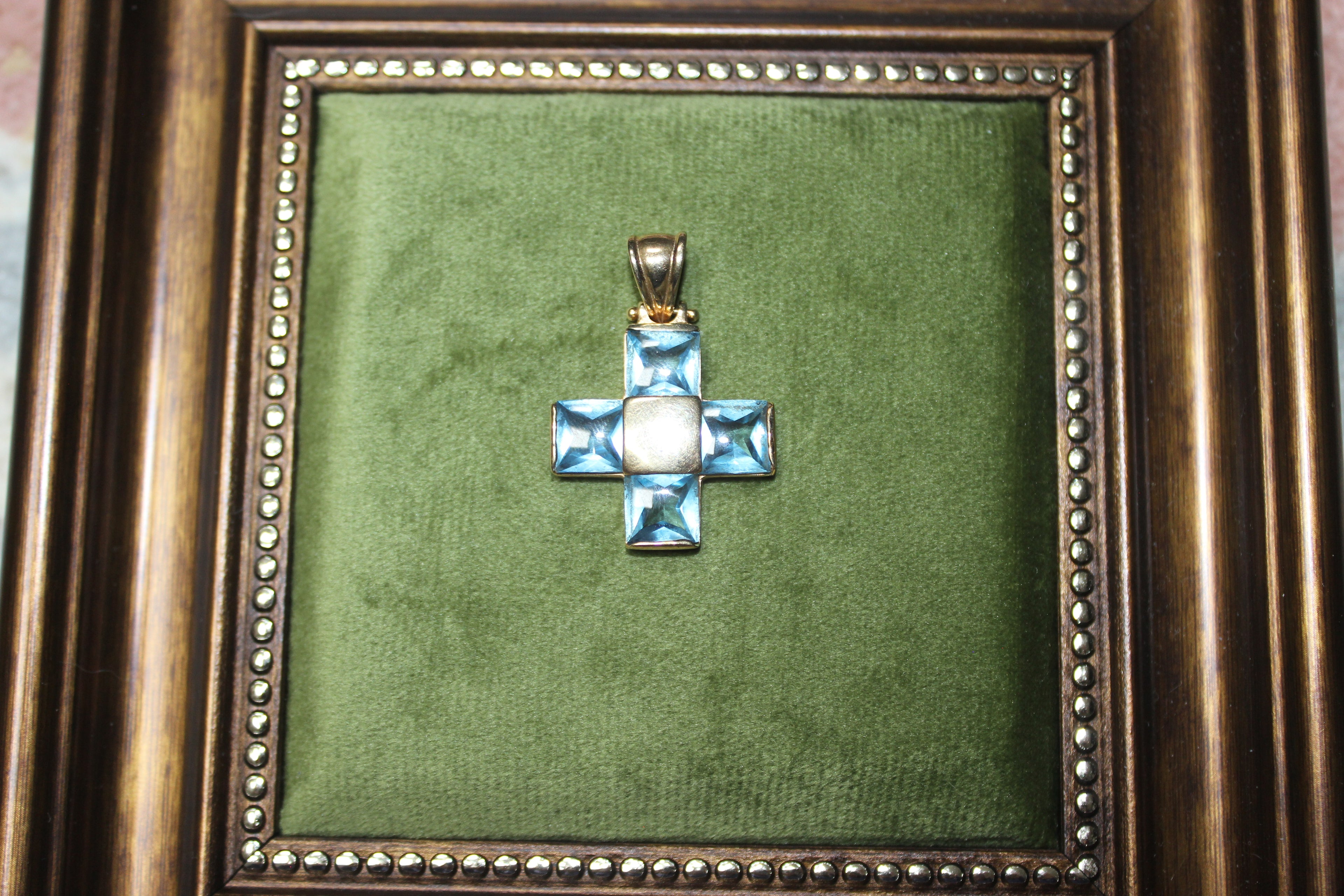 Vintage 9ct Yellow Gold Cross Pendant with Blue Topaz Stones