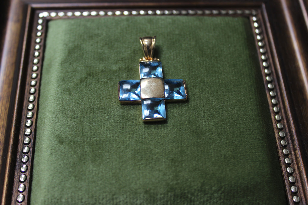 Vintage 9ct Yellow Gold Cross Pendant with Blue Topaz Stones