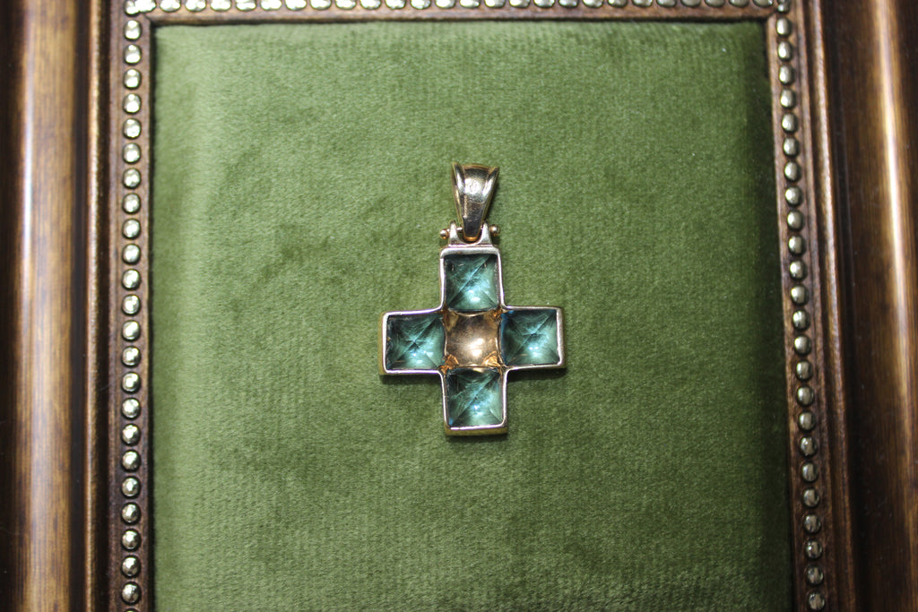 Vintage 9ct Yellow Gold Cross Pendant with Blue Topaz Stones