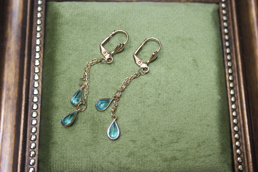 Vintage Gold Drop Chain Earrings with Blue Stones