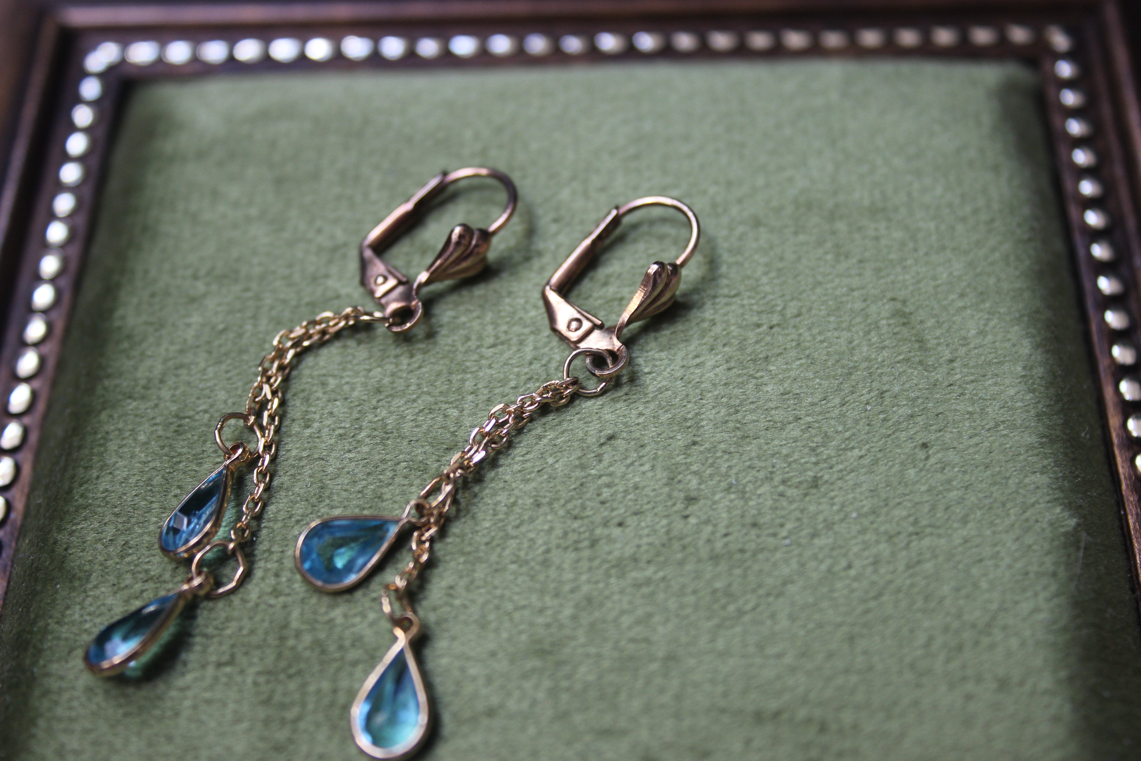 Vintage Gold Drop Chain Earrings with Blue Stones