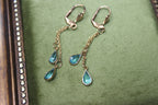 Vintage Gold Drop Chain Earrings with Blue Stones