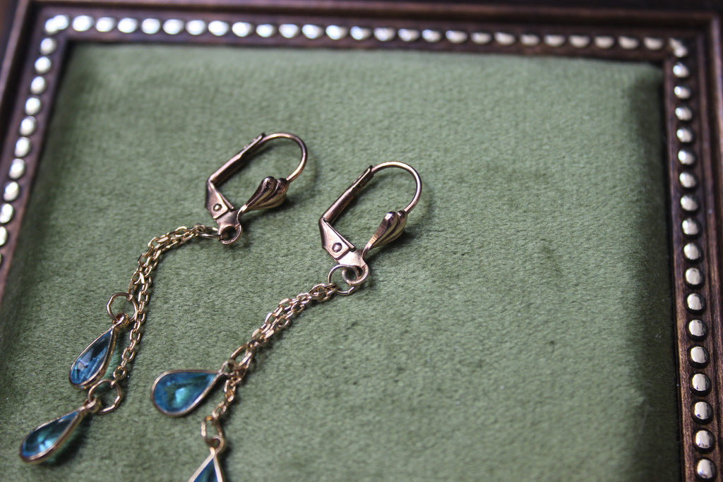 Vintage Gold Drop Chain Earrings with Blue Stones