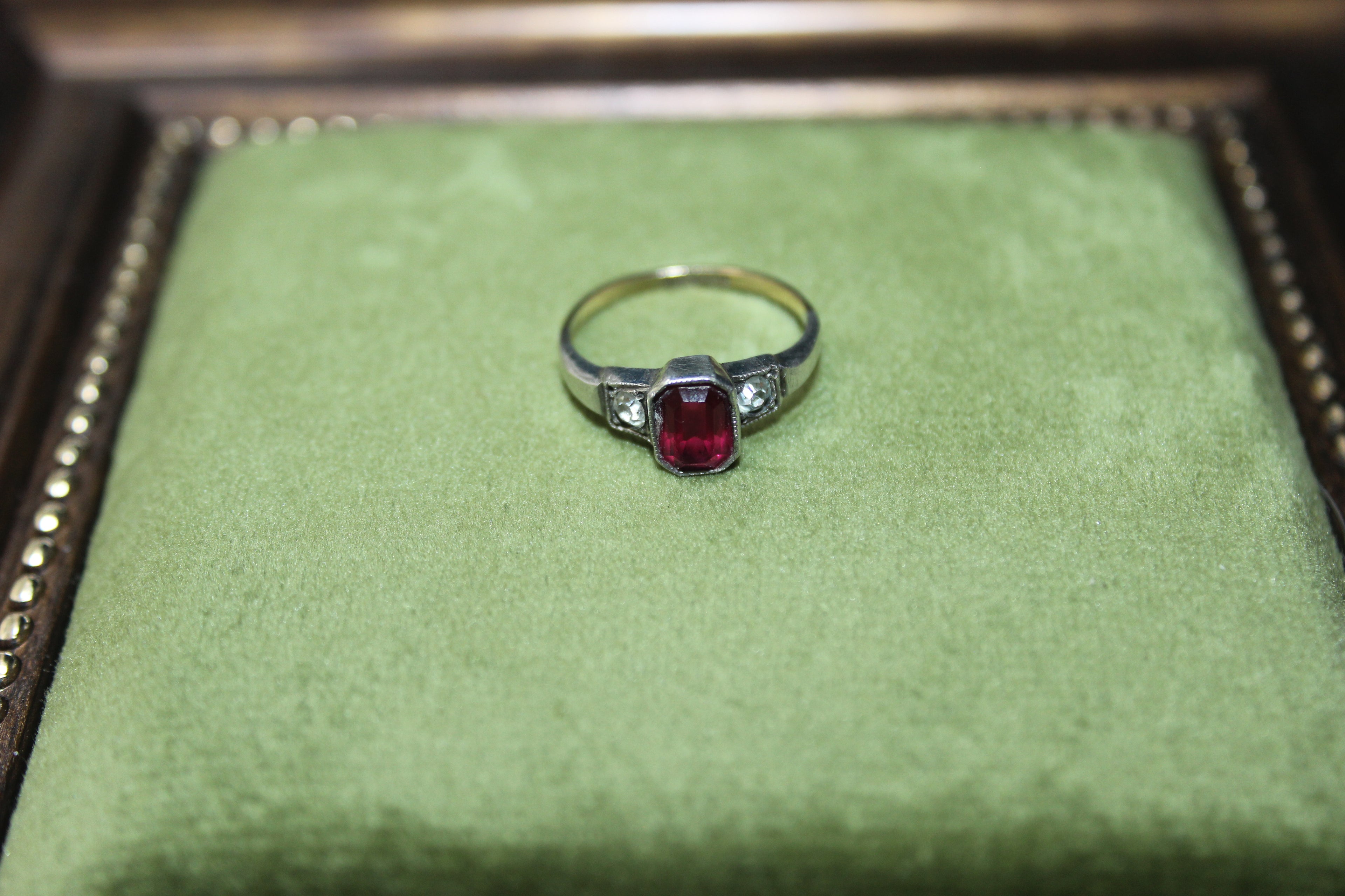 Early Vintage 9ct Gold & Silver Ruby and Paste Set Ring