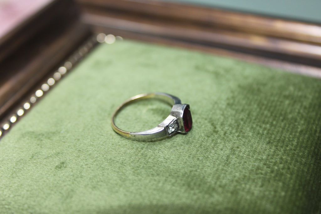 Early Vintage 9ct Gold & Silver Ruby and Paste Set Ring
