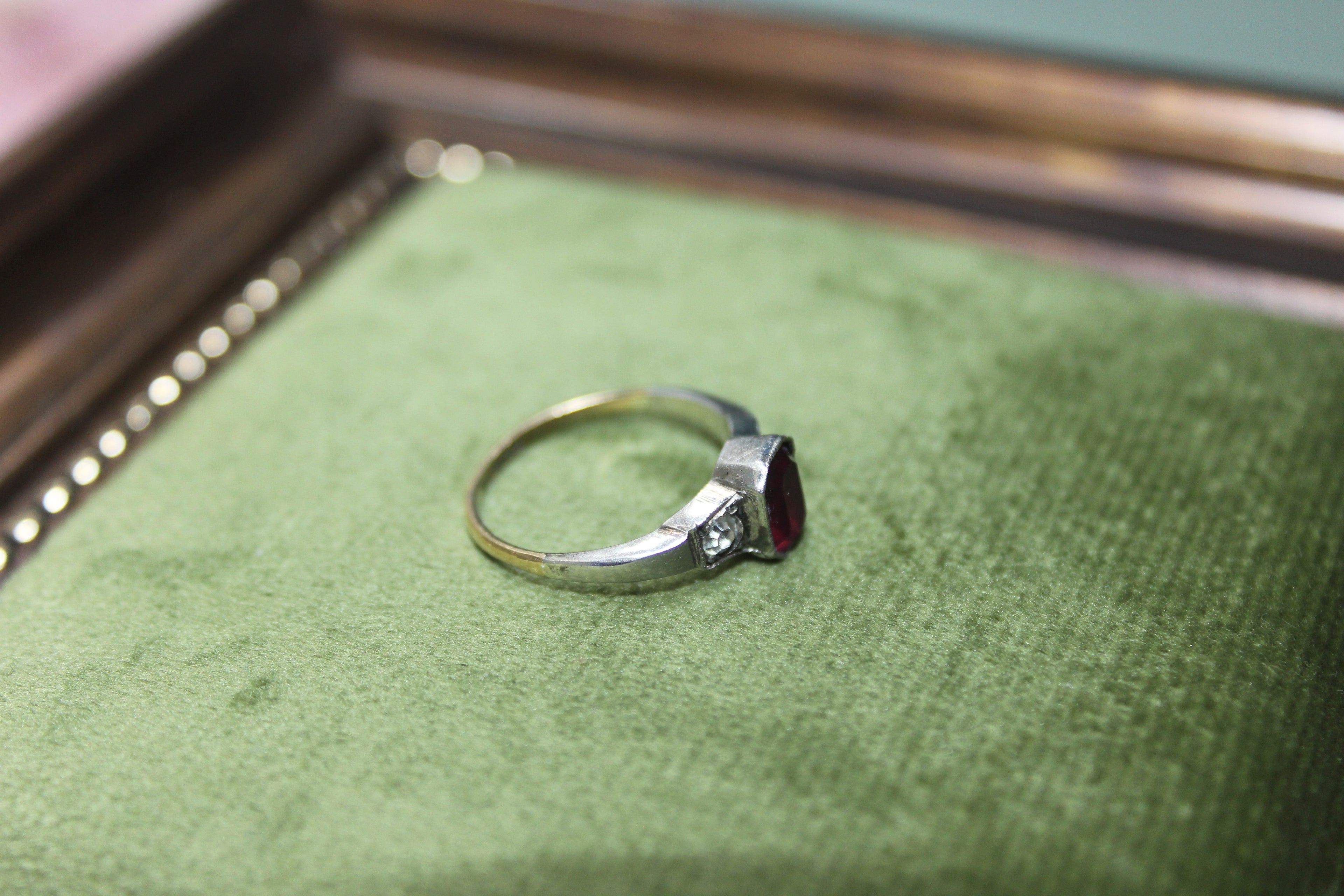 Early Vintage 9ct Gold & Silver Ruby and Paste Set Ring