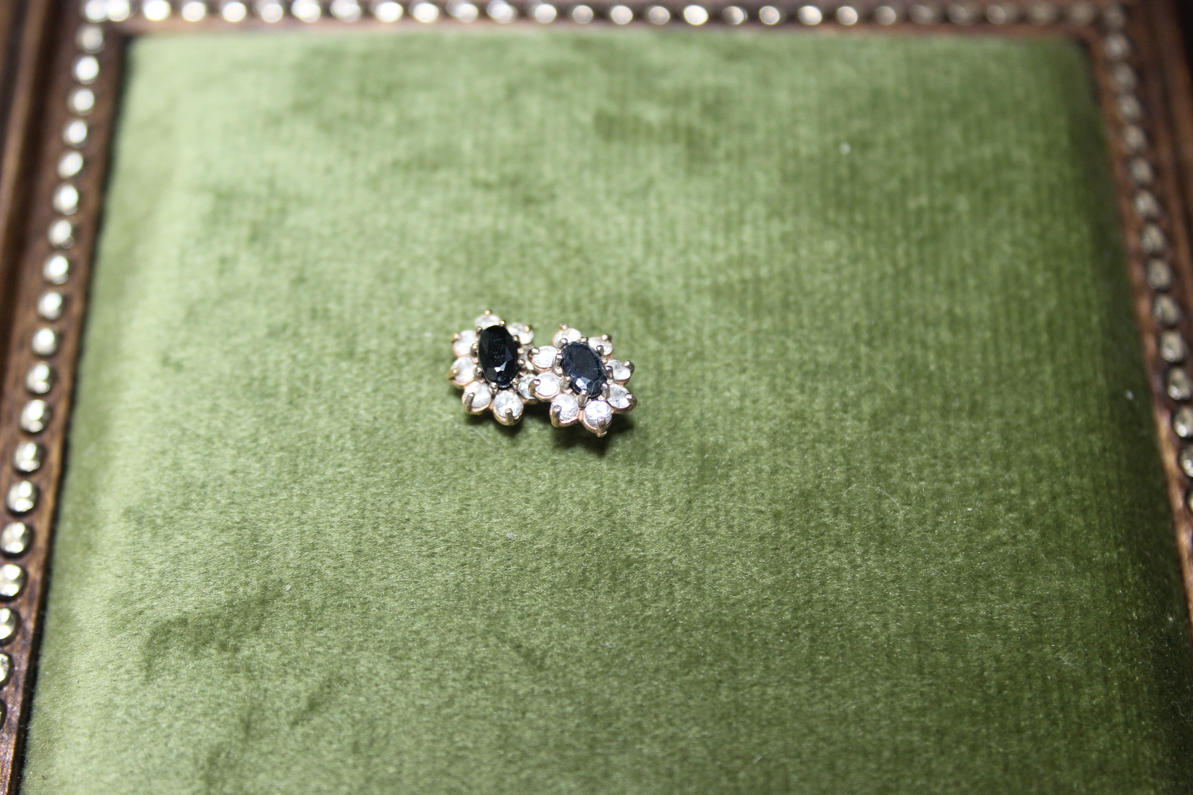 Vintage Flower Stud Earrings with Navy Stone & Cubic Zirconia