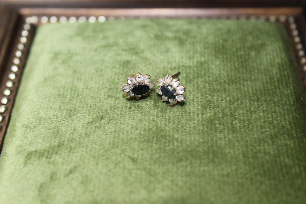 Vintage Flower Stud Earrings with Navy Stone & Cubic Zirconia