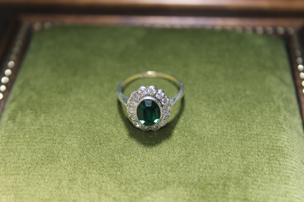 Vintage Silver & 9ct Gold Deep Green Stone Set Ring