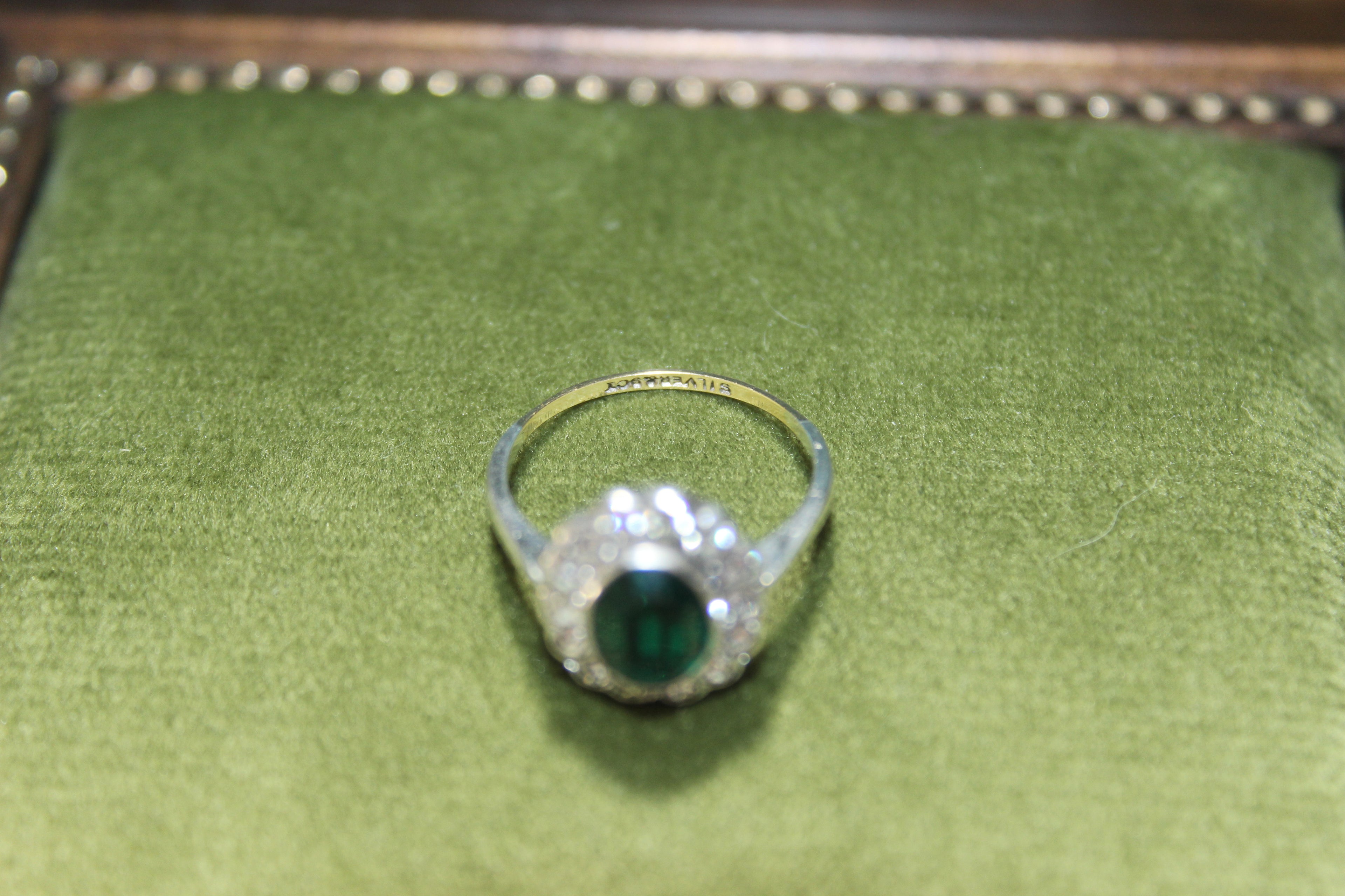 Vintage Silver & 9ct Gold Deep Green Stone Set Ring