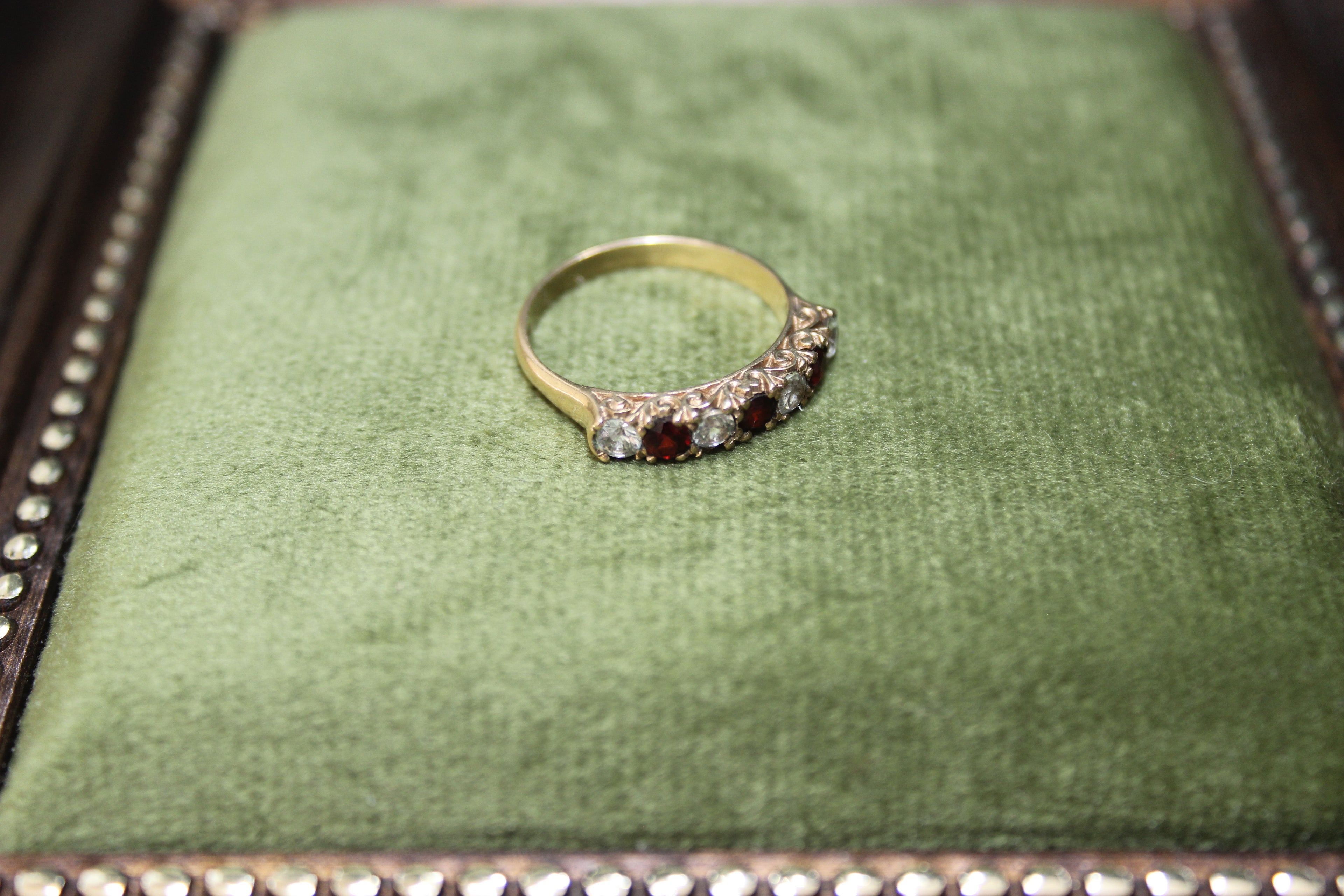 Vintage 9ct Gold Garnet & Clear Stone Half Eternity Ring | Birmingham Hallmarked 1975