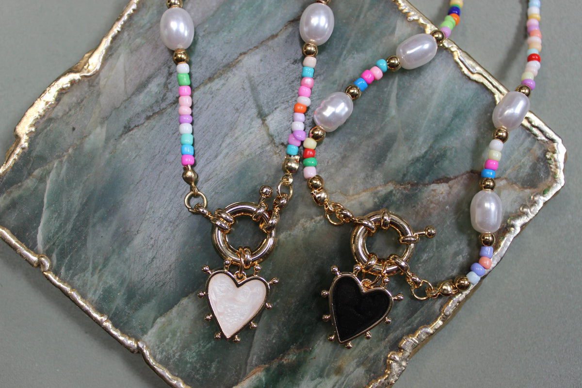 Rainbow Beaded Pearl Necklace (Black Heart) (alternate view) – The Nook