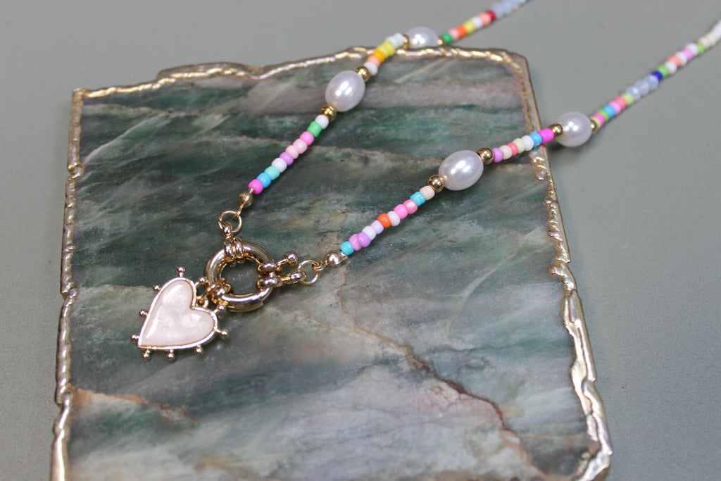 Rainbow Beaded Pearl Necklace (White Heart) (detail) – The Nook