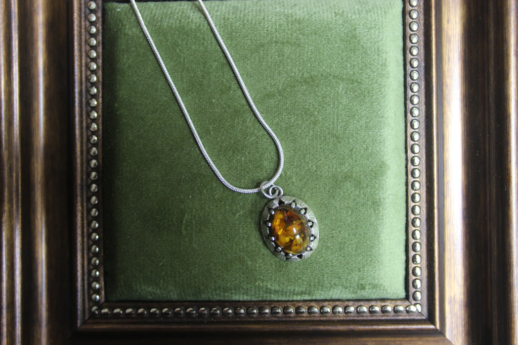 Vintage Oval Amber Pendant Sterling Silver Necklace