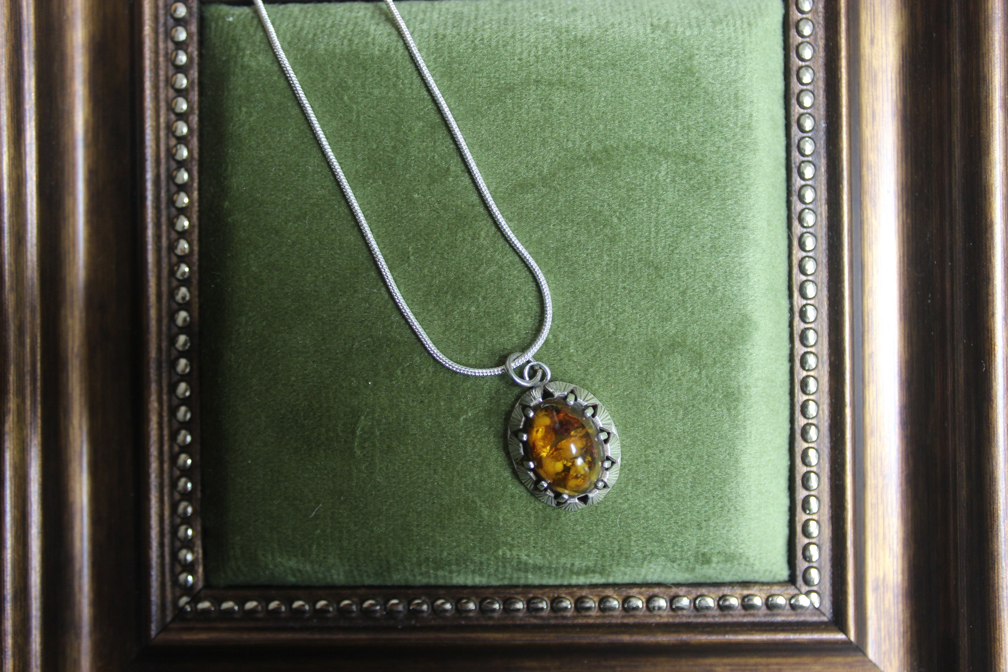 Vintage Oval Amber Pendant Sterling Silver Necklace
