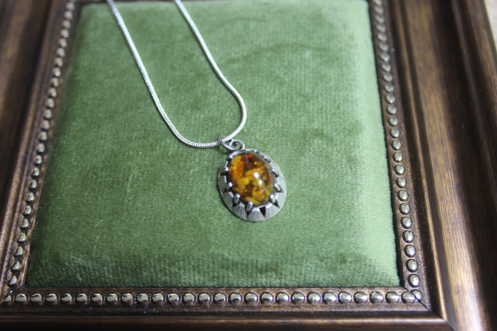 Vintage Oval Amber Pendant Sterling Silver Necklace