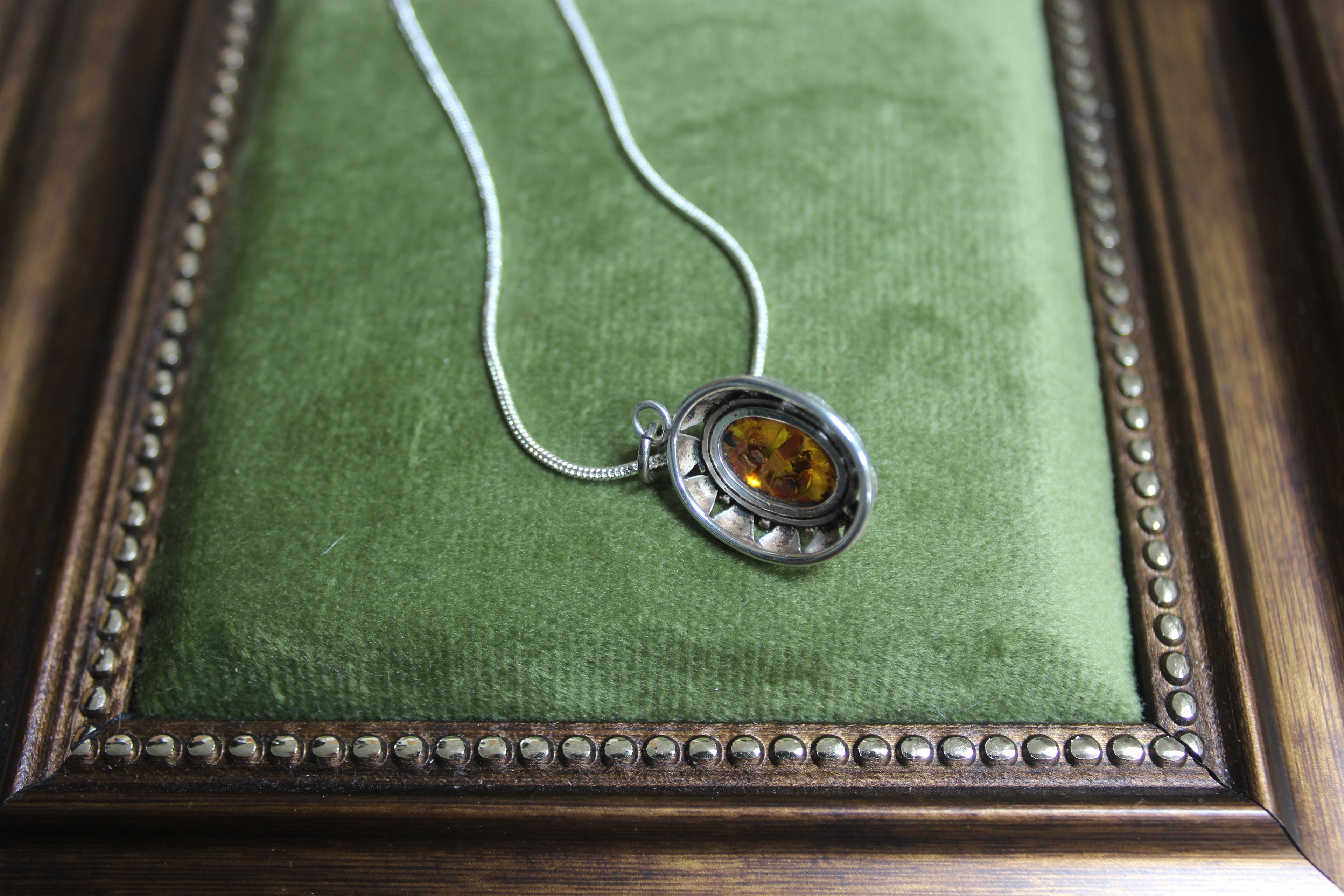 Vintage Oval Amber Pendant Sterling Silver Necklace
