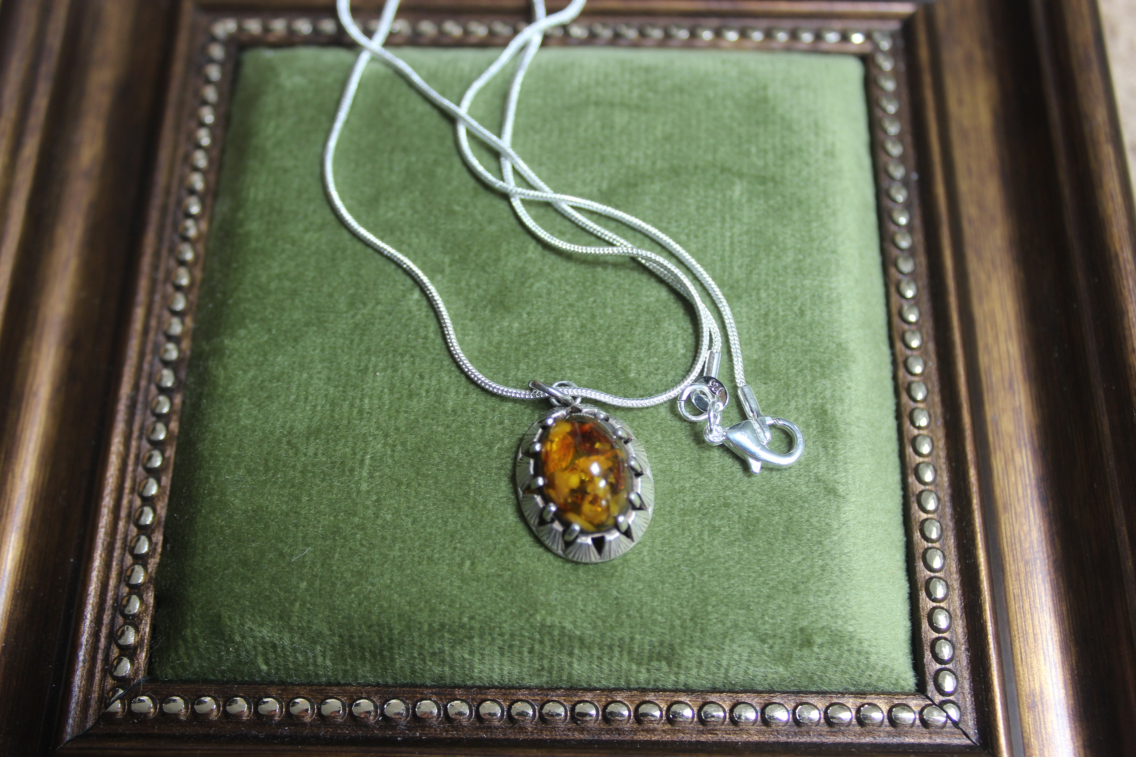 Vintage Oval Amber Pendant Sterling Silver Necklace