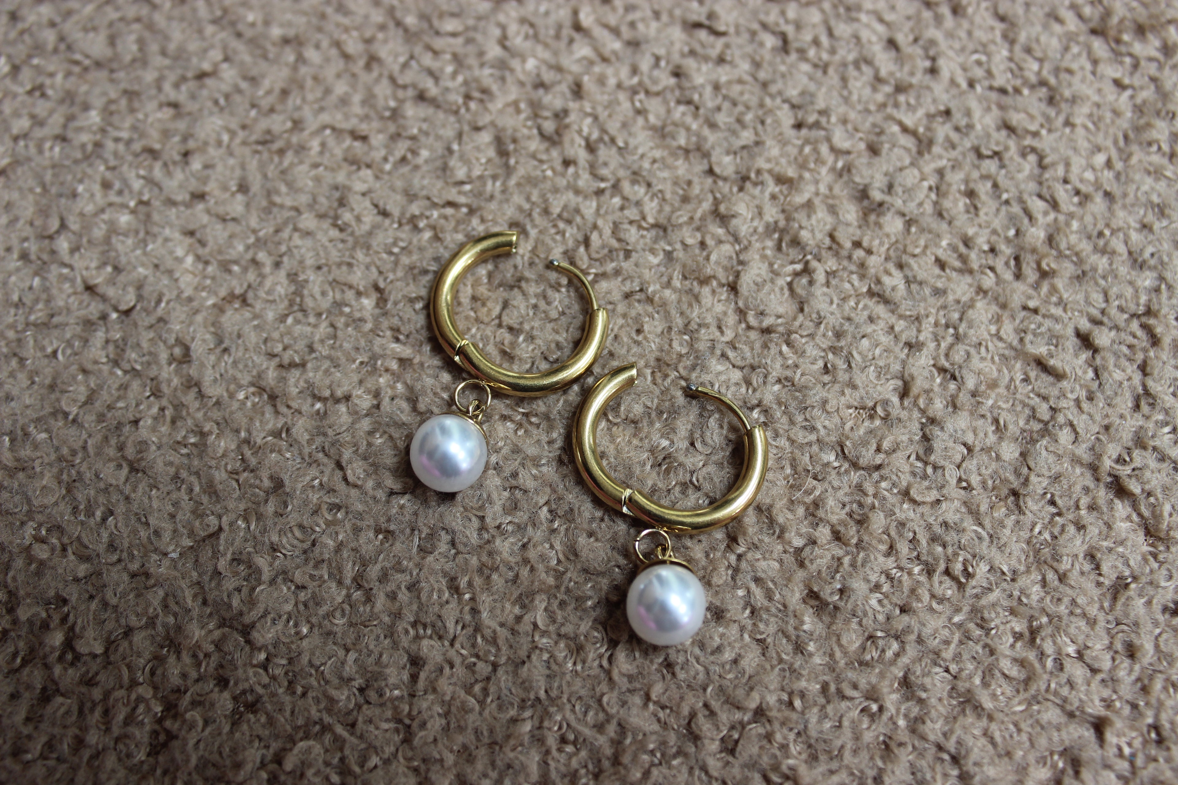 Gold Hoop Earrings with Pearl Ball Accents