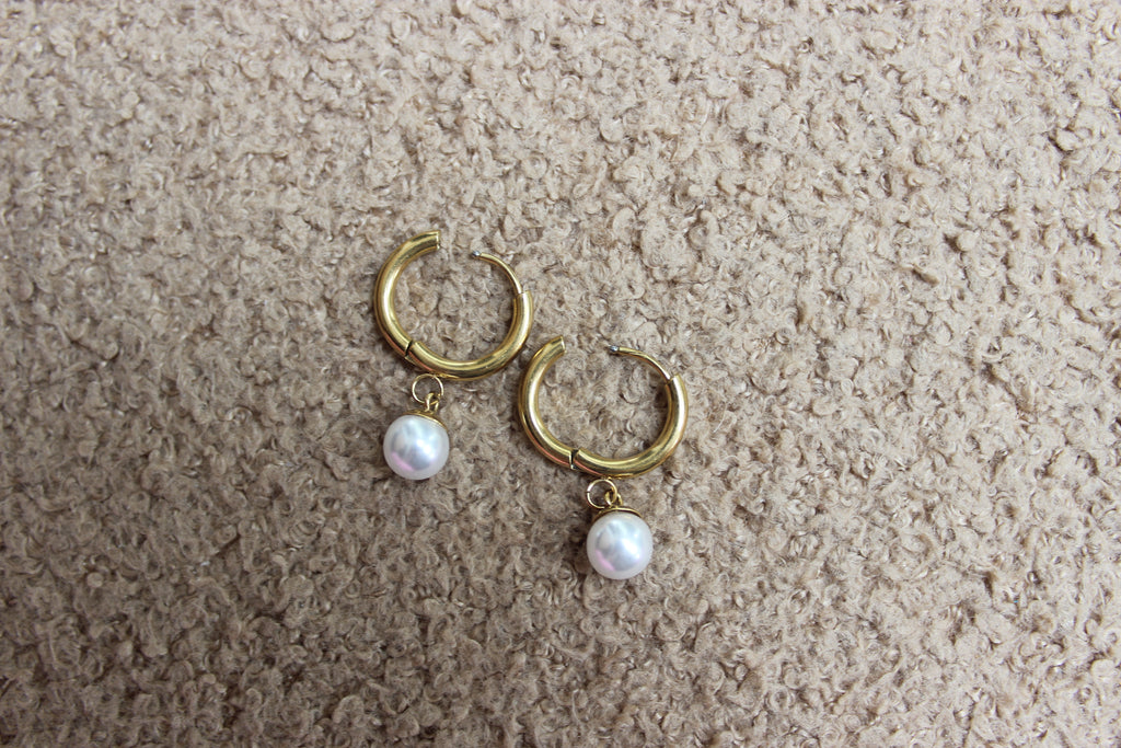 Gold Hoop Earrings with Pearl Ball Accents