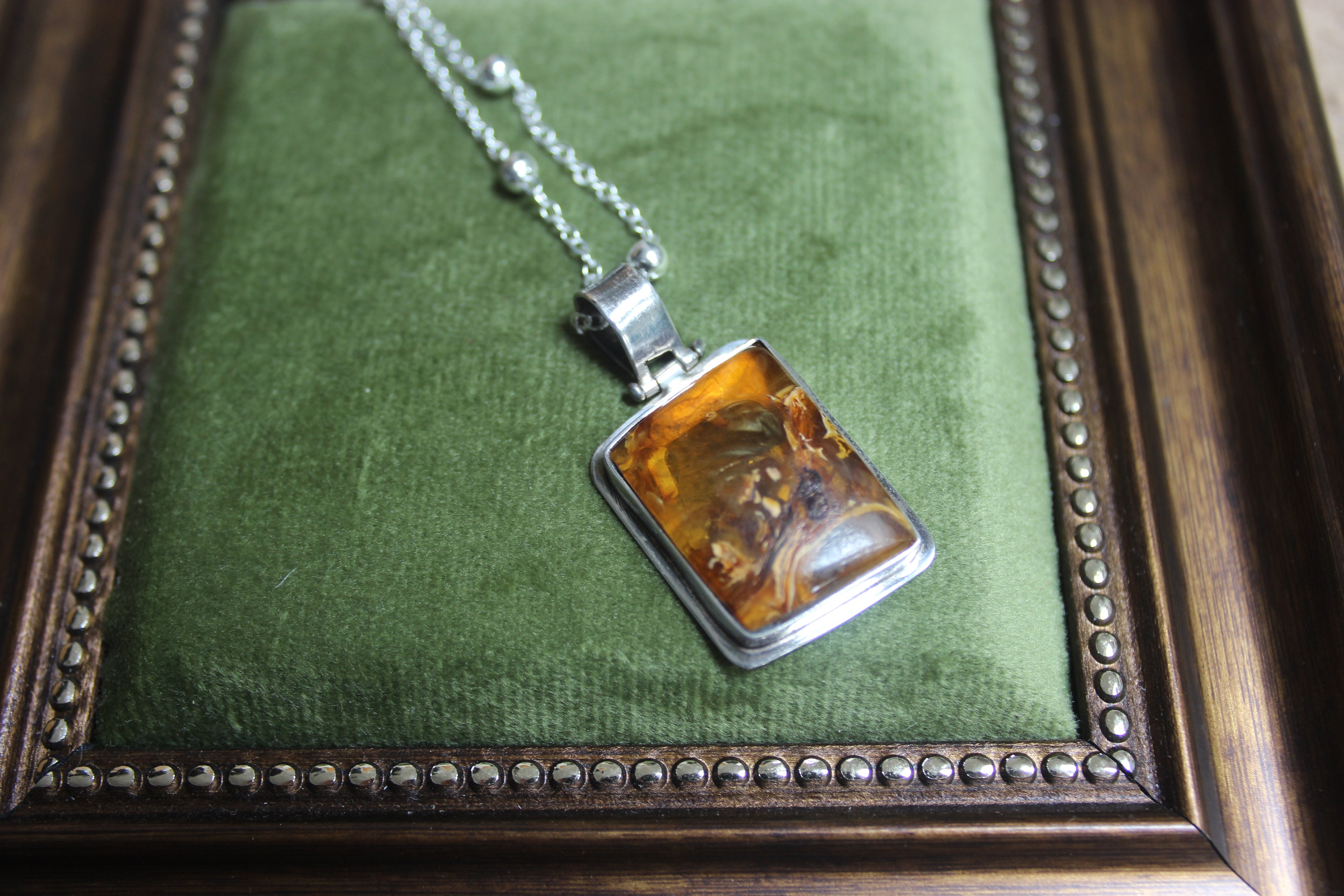 Vintage Rectangle Amber Sterling Silver Pendant