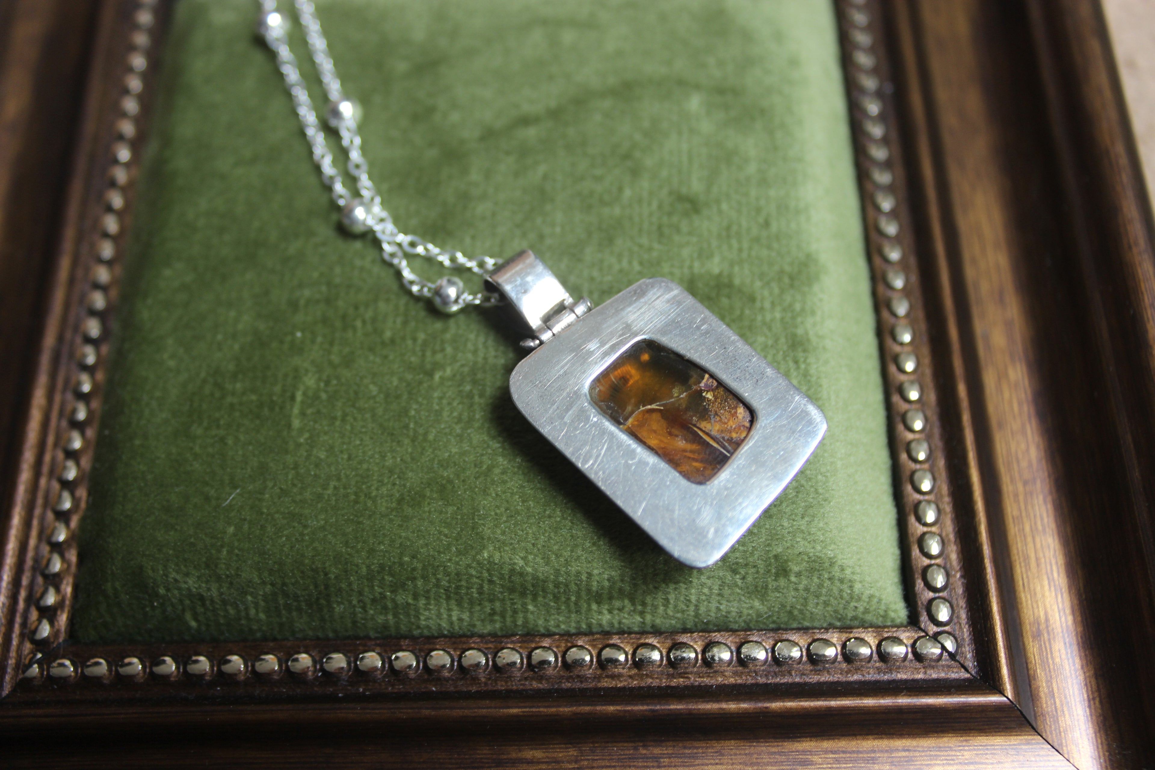 Vintage Rectangle Amber Sterling Silver Pendant