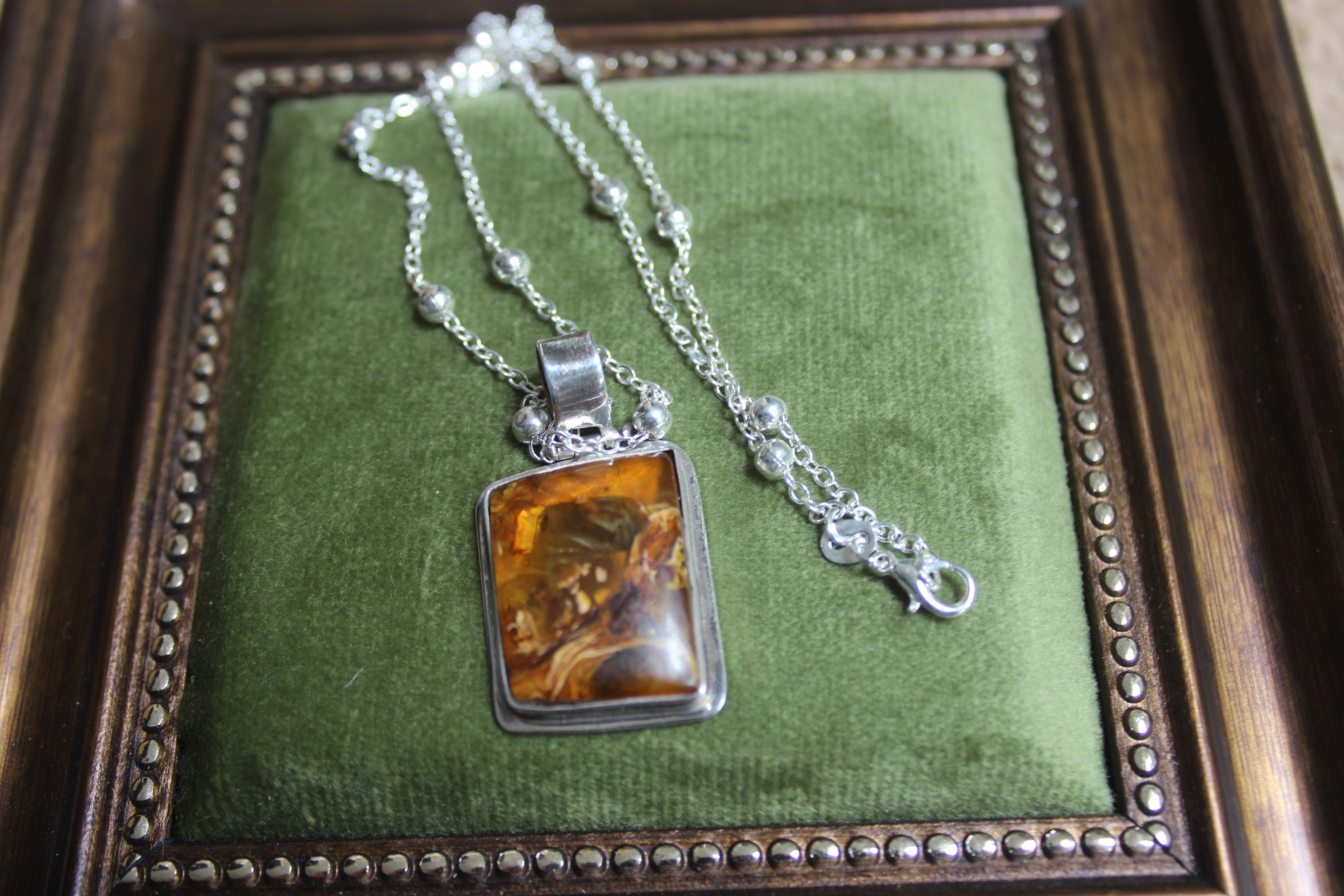 Vintage Rectangle Amber Sterling Silver Pendant