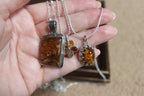 Flower Shaped Amber Pendant Sterling Silver Necklace