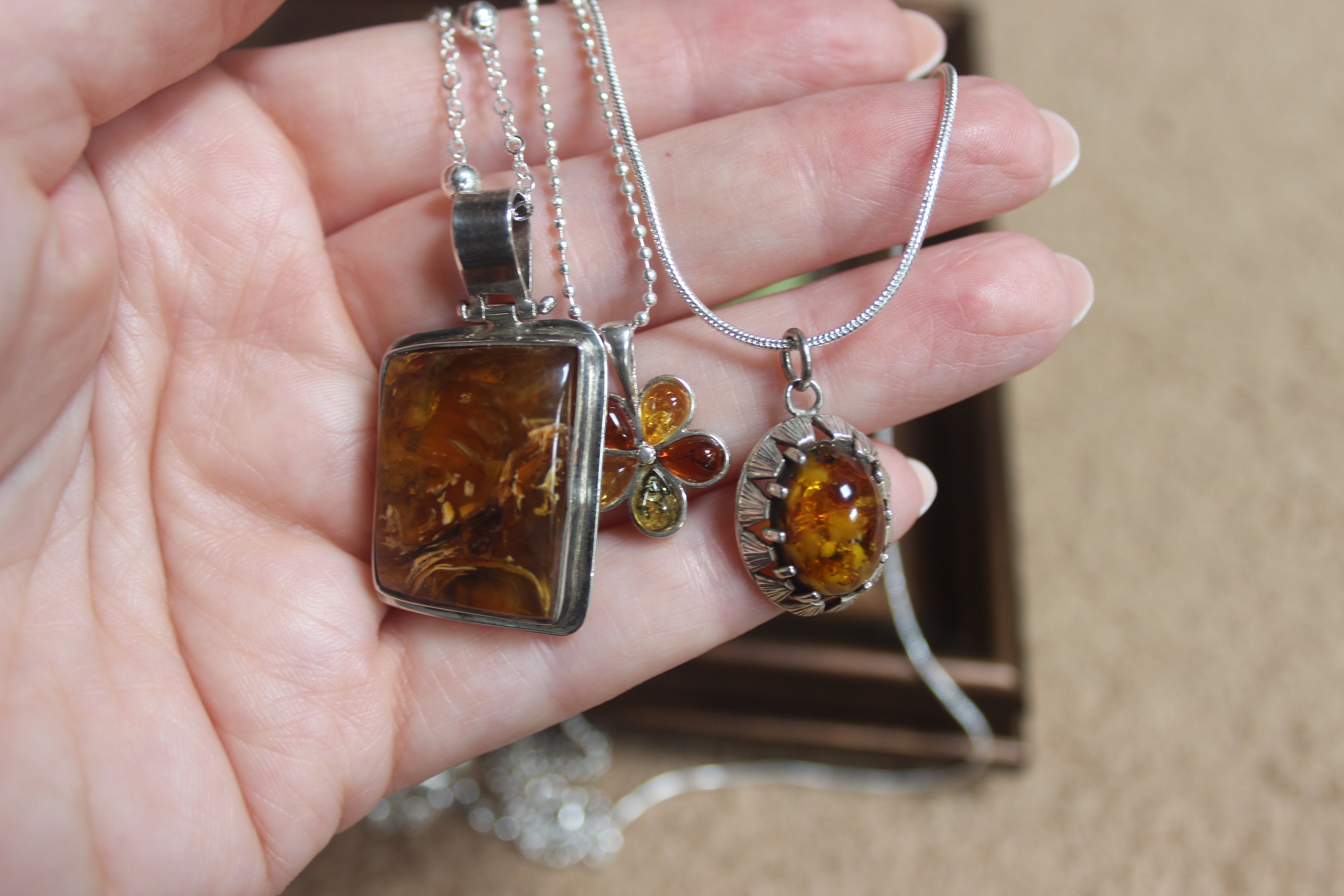 Flower Shaped Amber Pendant Sterling Silver Necklace