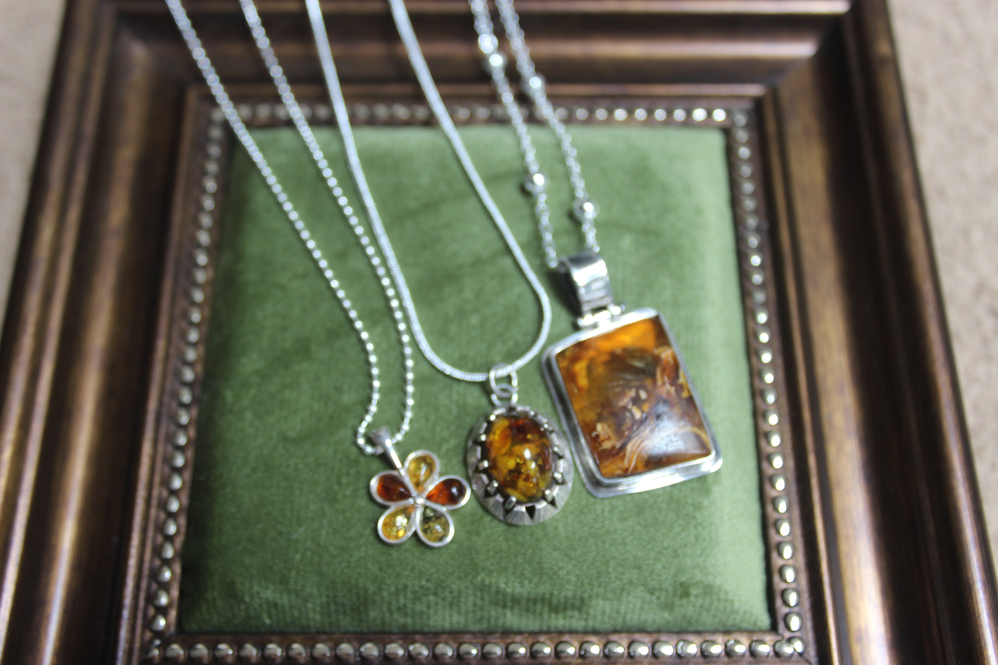 Vintage Oval Amber Pendant Sterling Silver Necklace