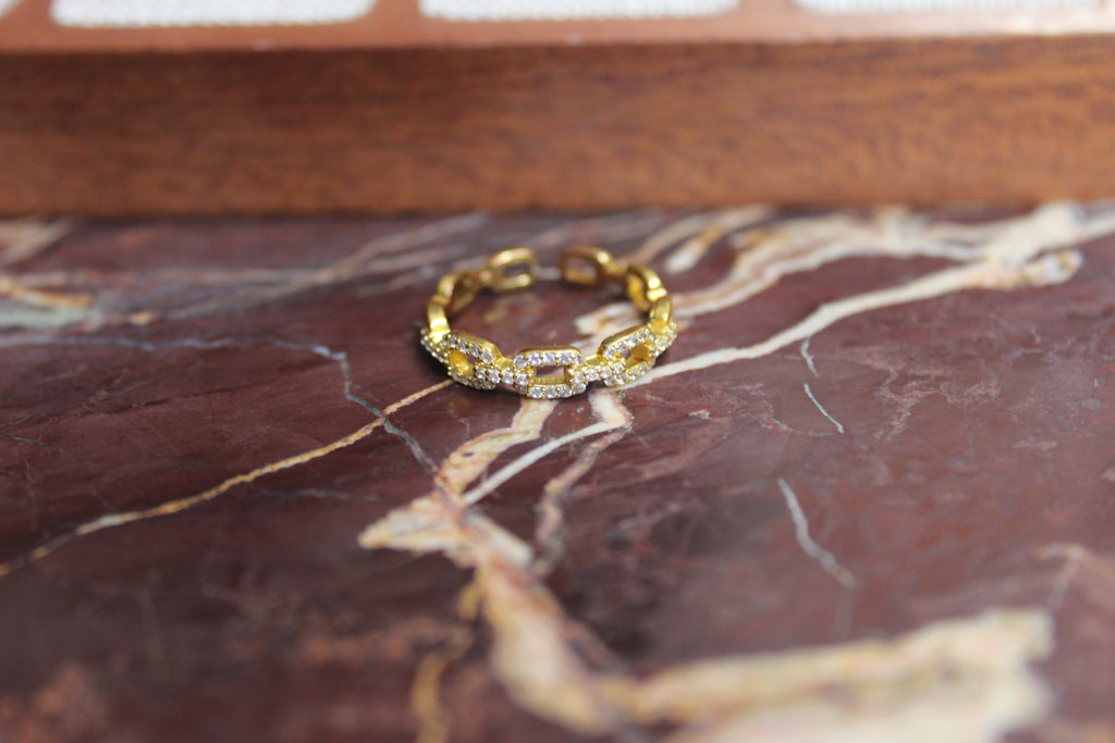 Adjustable Gold Link Ring with Crystals